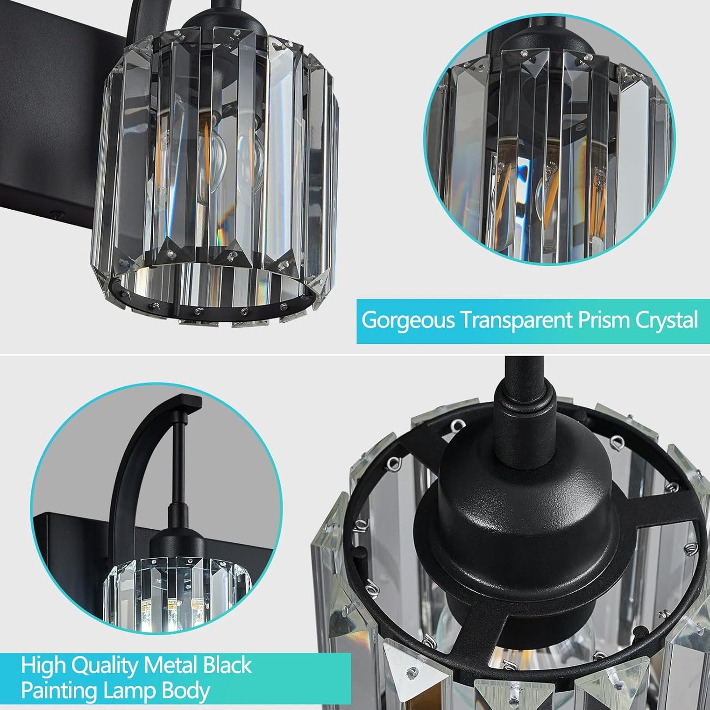 6-Light Crystal Vanity Light, Black Modern Wall Sconce with K9 Crystal Shades, 51.18" Long Over Mirror Lighting for Bathroom, Makeup, Hallway, Elegant & Easy Install