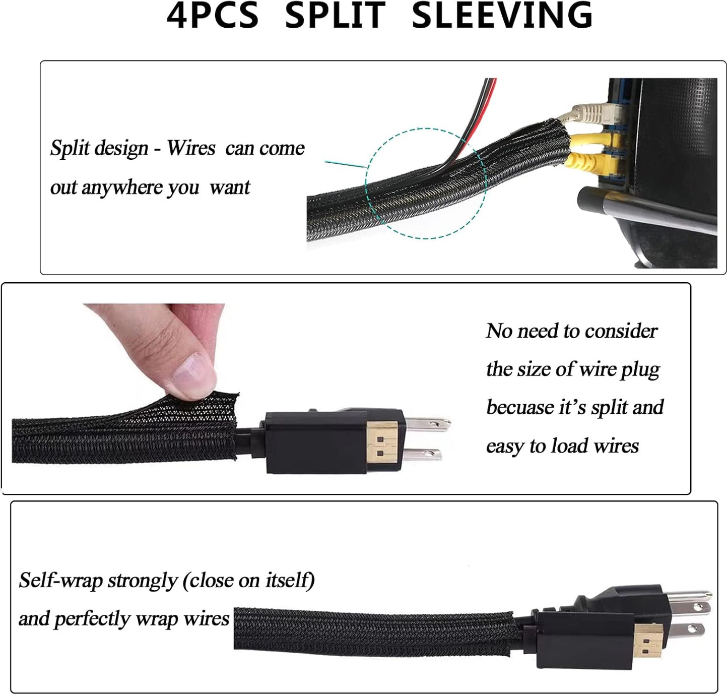 311Pcs Cable Management Organizer Kit 4 Cable Sleeve Split,53Cable Clips 12Cord Clips Holder,22 Cable Ties, 20 Adhesive Wall Cable Tie, 200Fasten Cable Ties for TV Office Home Electronics