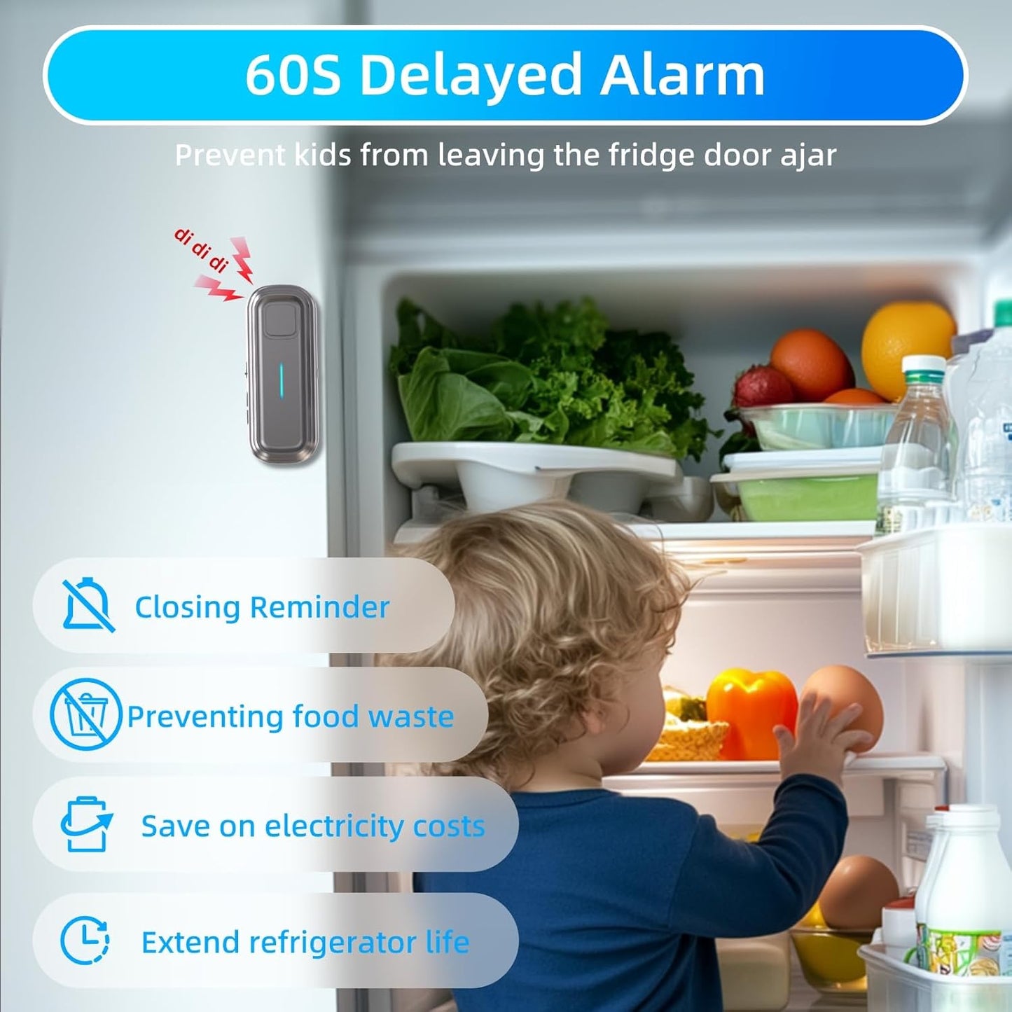 Daytech Refrigerator & Freezer Door Alarm - Adjustable 1-4 Minute Delay, 0-120dB Adjustable Siren, Door/Window Sensor for Home or Business (2 Pack, Grey)