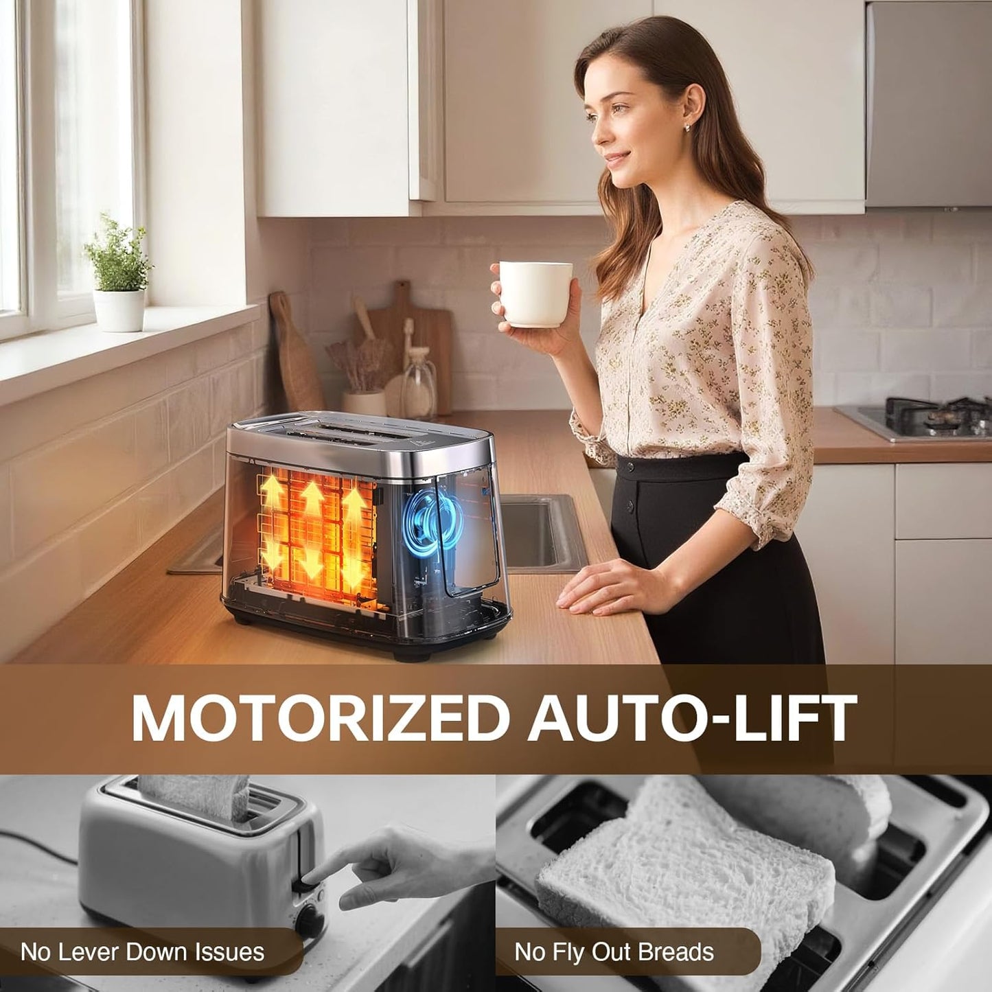 Mecity 2 Slice Toaster with Touch Screen & Auto Lift, Stainless Steel Cool-Touch Toaster with 8 Bread Settings, 5 Shade Levels, 1200W High Power, Keep Warm & Reheat Function, Metallic Grey, 120V