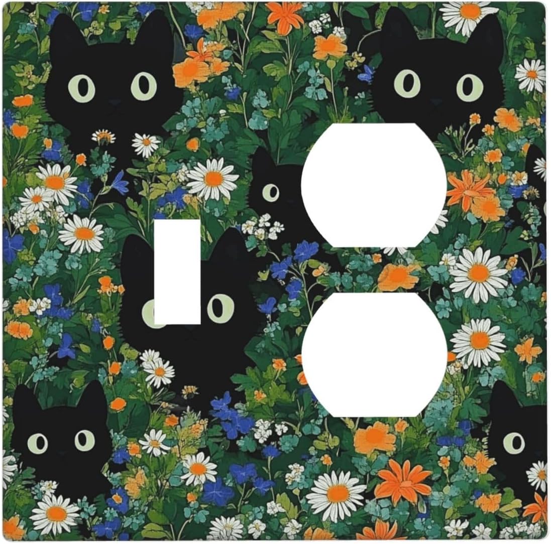 Boho Funny Black Cute Cats Daisy Wildflower Wallplates 1 Toggle 1 Duplex Switch Plate Electrical Gfci Faceplate Decorative Light Switch Covers For Kids Room Bed Room Decor