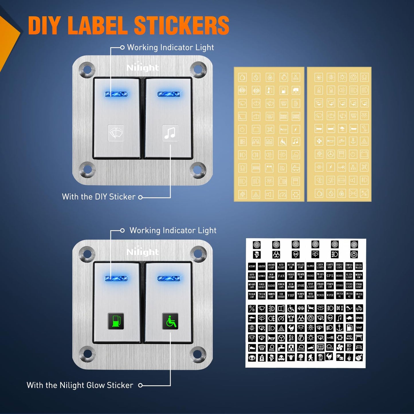 Nilight 2 Gang Rocker Switch Panel 3 Pin On Off Pre-Wired Blue LED Waterproof Aluminum with DIY Stickers for 12V 24V Automotive Cars Marine Boats UTV Truck Jeeps