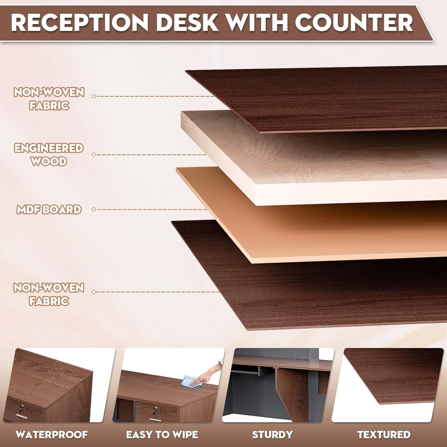 L-Shaped Modern Reception Desk with Counter & Storage - 71" Large Office Front Desk, Salon Checkout Counter with Lockable Cabinets, Shelves(Brown & Black, Left - 71''L x 34''W x 41''H)