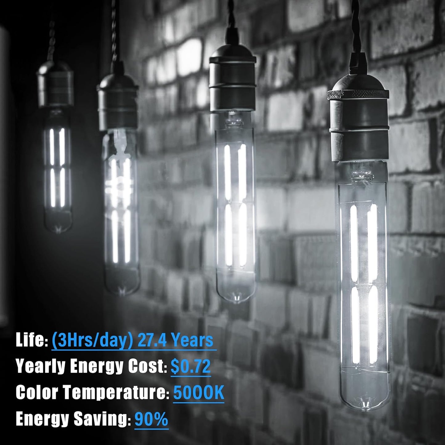 8.9IN LED Light Bulbs E26 Base, 6W 800LM 5000K Daylight White T10 T9 Vintage Edison Bulbs Dimmable, AC 120V Equal 80 Watt Clear Glass Long Tubular Filament Bulb, UL Listed - 4Pack