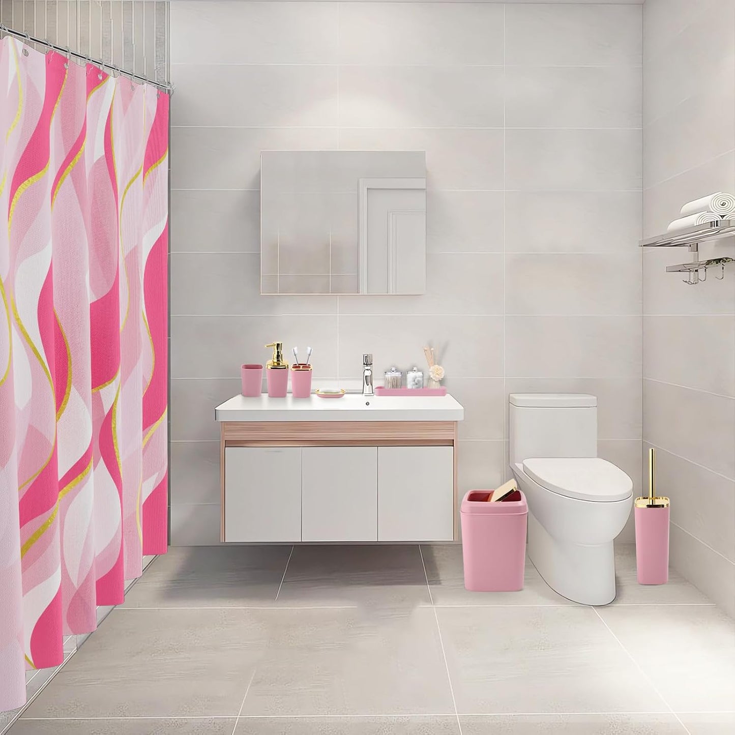Pink Bathroom Set, Bathroom Sets with Stripe Shower Curtain, Pink and Gold Bathroom Accessories with Trash Can, Soap Dispenser, Soap Dish, Toilet Brush Holder, Qtip Holders for Bathroom