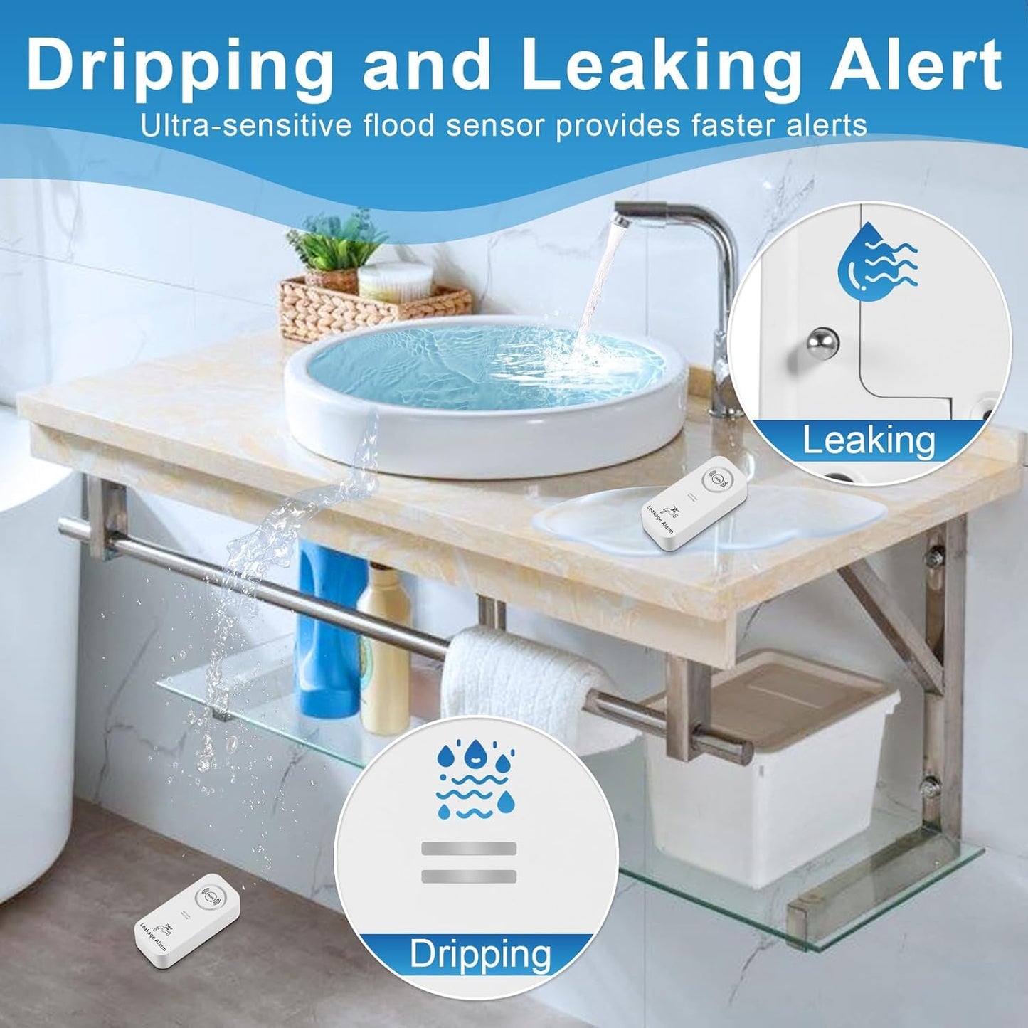 90dB Loud Wireless Water Leak Detector, 7Pack Adjustable Audio Alarm with 3 Sensitive Probes for Kitchen Bathroom Basement, Floor & Pipe Drip Alert, Easy Installation (White)