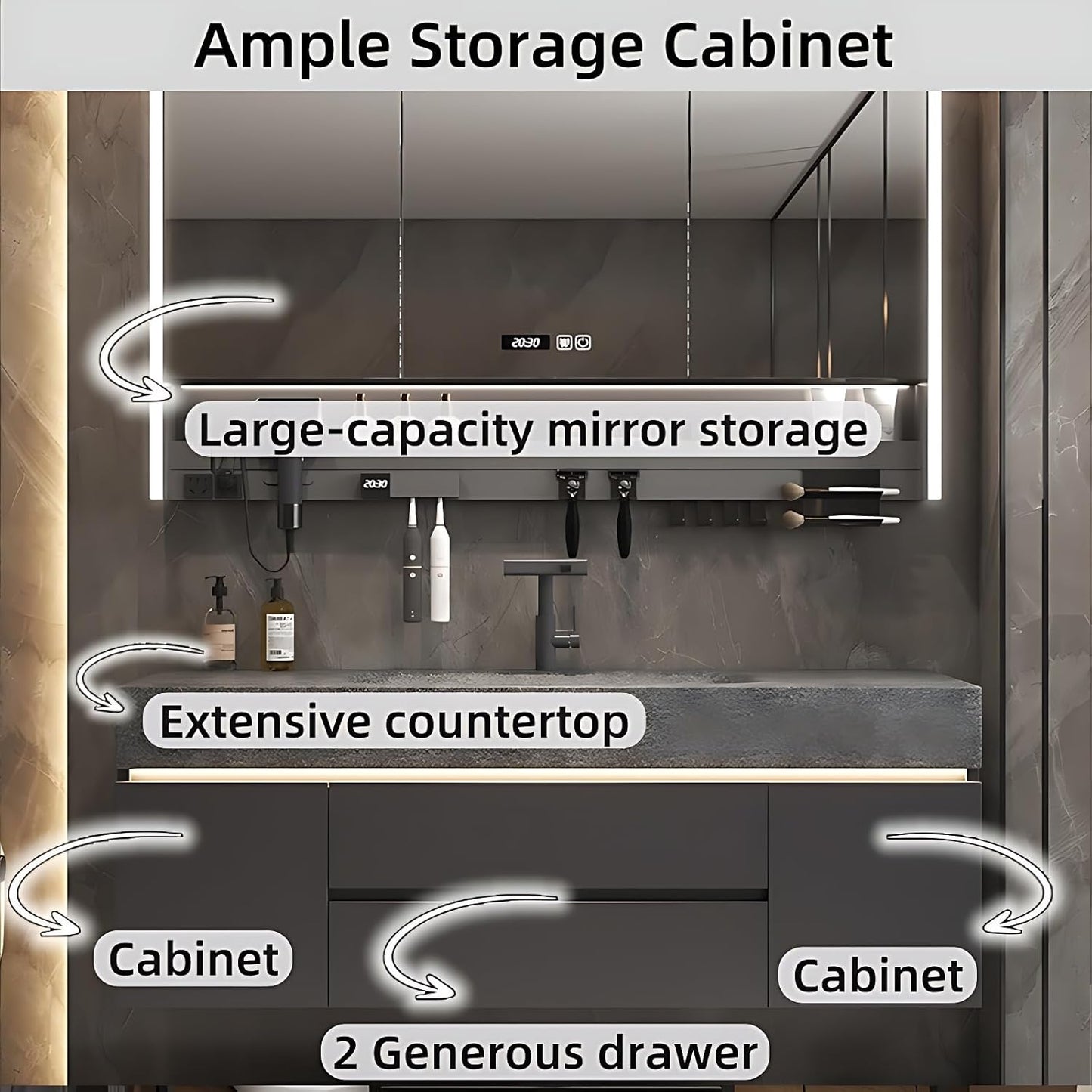 Modern Bathroom Vanity – Cabinet Set with LED Smart Defogging Mirror & Time Display | Bathroom Vanity with Sink, Large Space Storage with Easy Installation, 2 Drawers (Cream, 72IN)