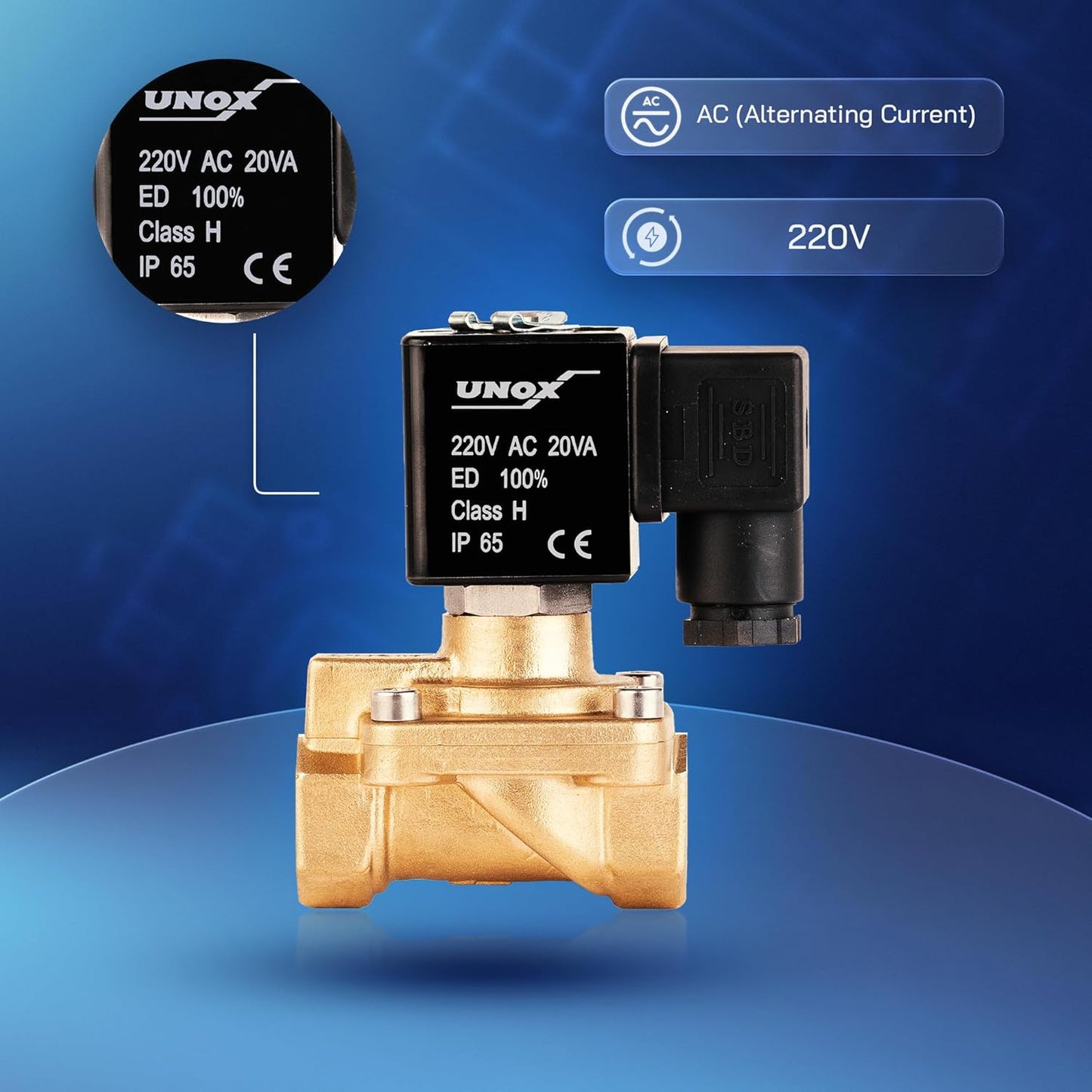 UNOX 1/2" NPT Solenoid Valve 220V AC, Brass Control Valve Normally Closed - 7-232 PSI Multi-Purpose Reliable Control Valve for Water, Air, and Gas - Solenoid Valves