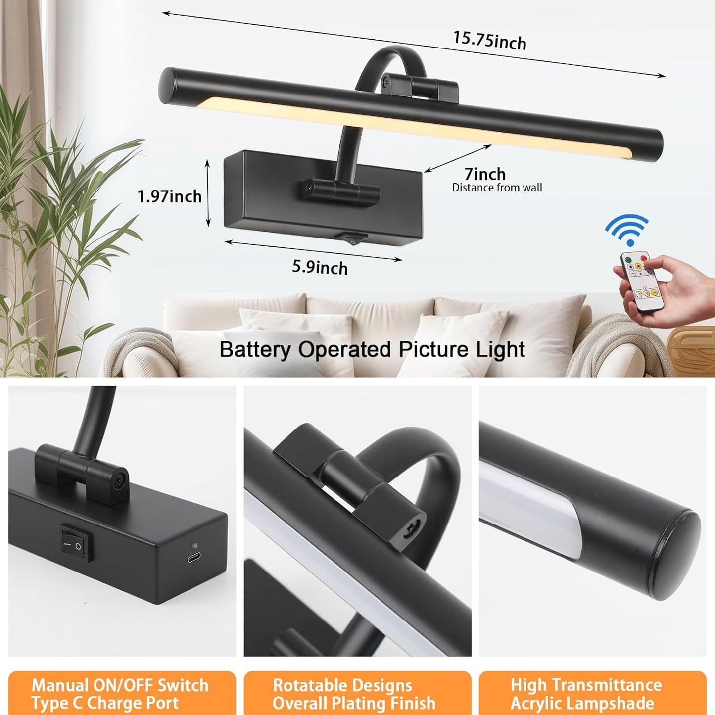 Wireless Battery Operated Picture Light,Rechargeable Wall Light with Remote and Timer,15.75 Inch Black Dimmable Painting Light,3CCT with Adjustable Swing Arm for Display Gallery Lighting