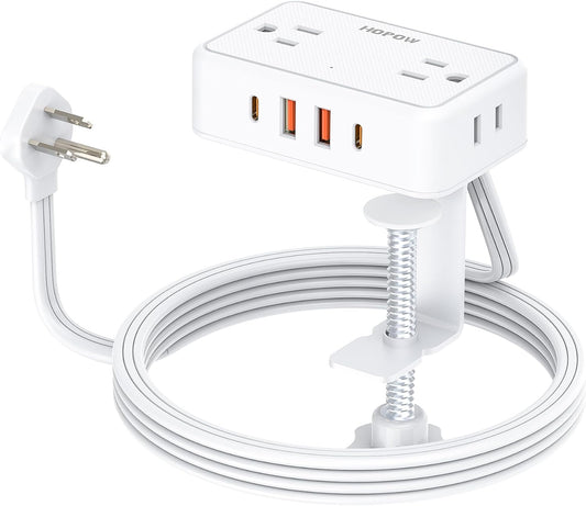 Desk Clamp Power Strip, Desktop Mount Charging Station with 4 Outlets 4 USB Ports (2 USB C), 10Ft Under Desk Power Strip, Fits 2.75" Tabletop Edge, Extension Cord for Home Office, White
