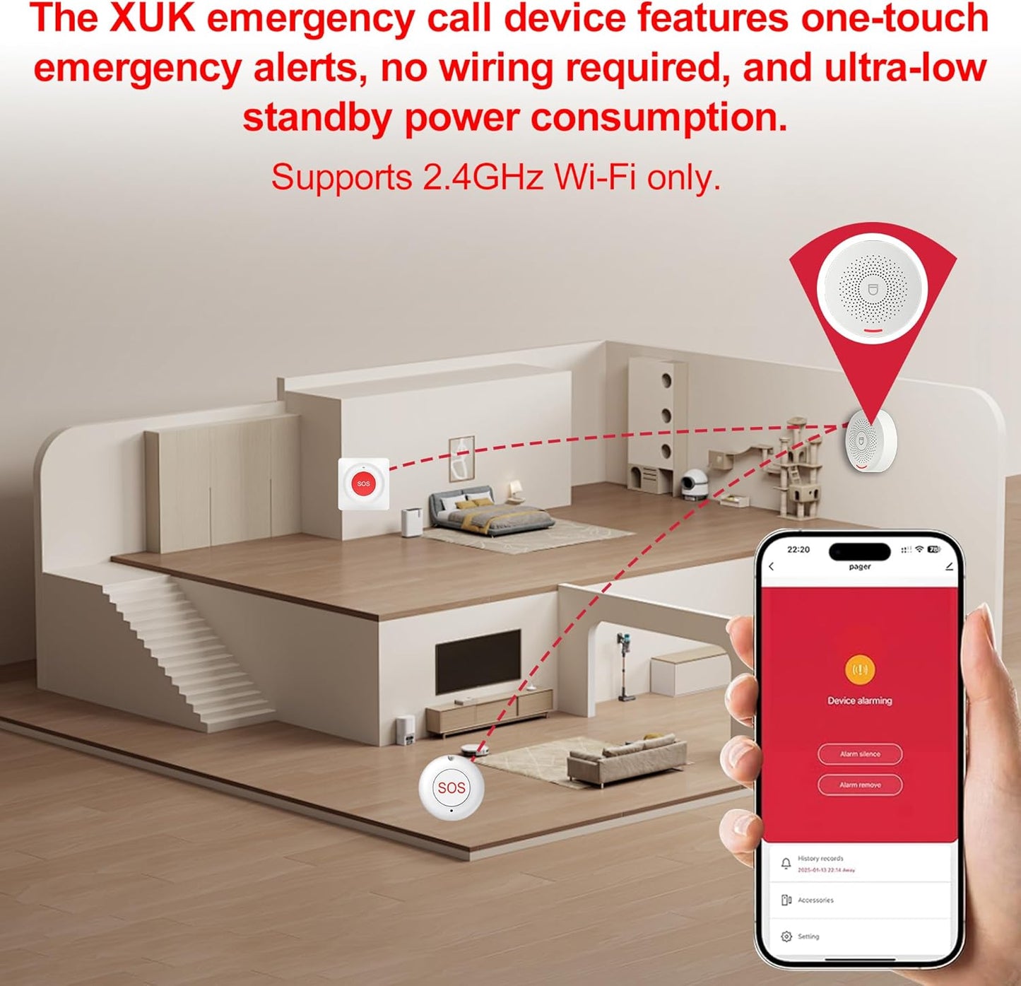 XUK WiFi SOS Caregiver Pager Call Button for Elderly, No Monthly Fee 2.4GHz Wi-Fi APP Control Wireless Nursing Call System with 2 SOS Watch Pagers & 1 Receiver Life Alert Systems for Seniors