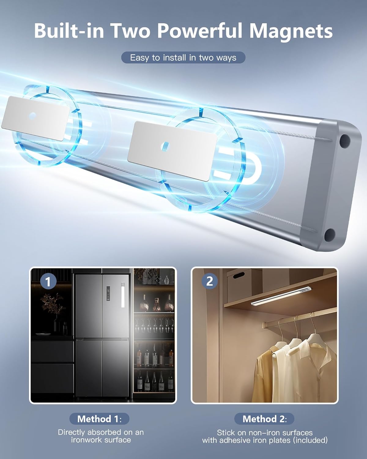 10.5inch Under Cabinet Lighting with 3 Color Temps, 2 Pack Rechargeable Motion Sensor Lights Indoor, Dimmable Under Counter Lights for Kitchen, Closet
