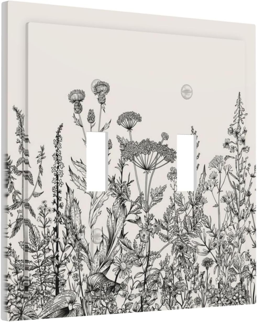 Personalized Wall Plate Decorative Light Switch Cover Black and Beige Garden Plants Flowers Double Toggle Switchplate 2 Gang Switchcovers Decora Light Switch Plate for Home Office Decor