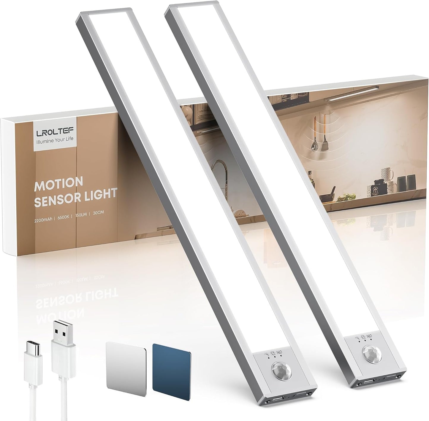 Under Cabinet Kitchen Lights, Motion Sensor Dimmable 30cm 2200mAh 6500K LED Under Counter Rechargeable Wardrobe Indoor Night Lights for Kitchen Shelf Stairs Closet 2 Pack