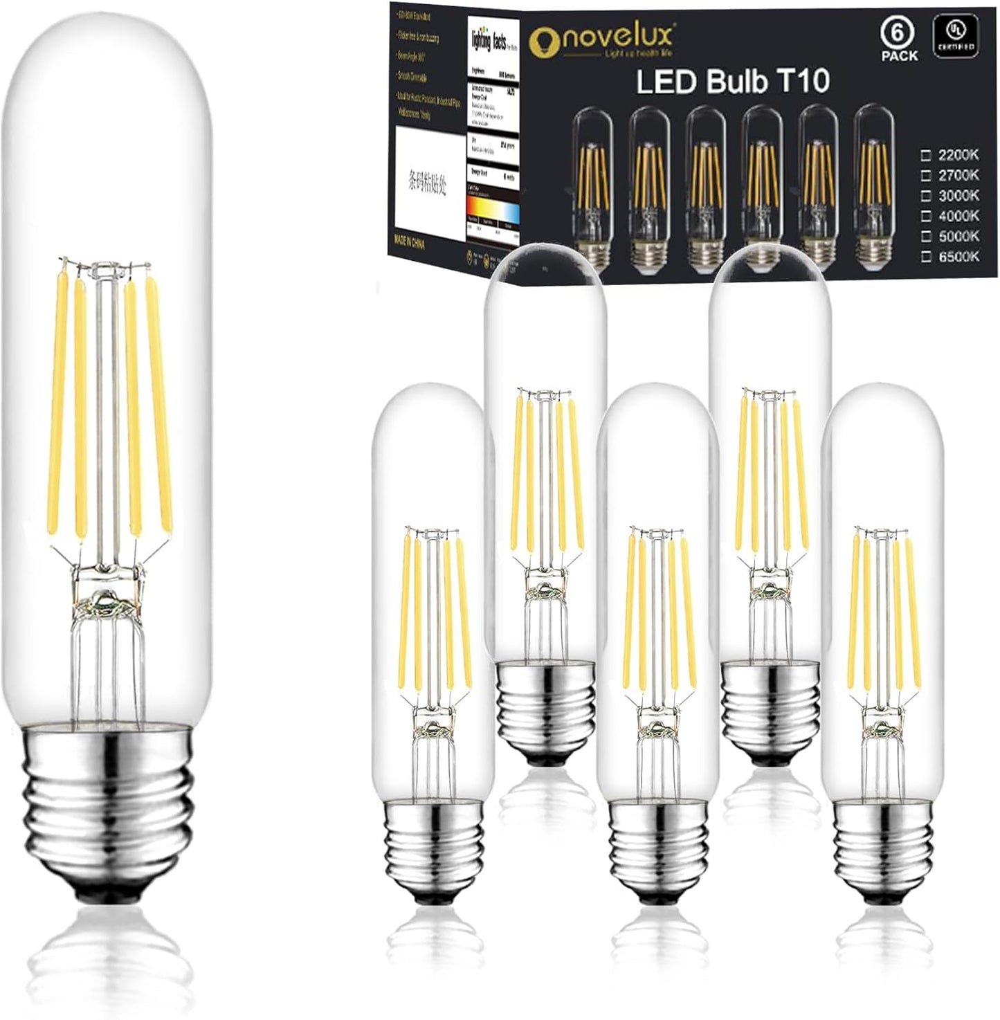 5 Inch Edison Bulb, 6000K Cool White E26 Led Bulb 6W Dimmable, 800LM T10 T9 Clear Glass Tubular Light Bulbs, AC 120V Equal 80 Watt Bulbs for Chandelier Pendant Wall Light - 6Pack