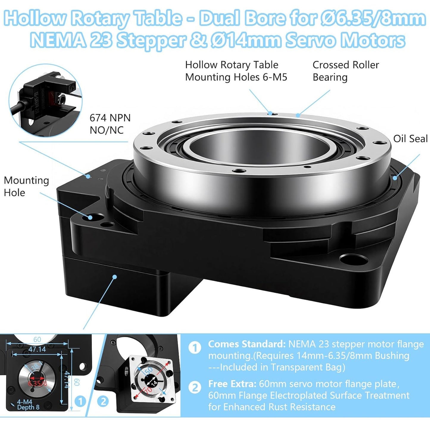 CNC Hollow Rotating Platform Gear Ratio 10:1 360 Degree Electric Rotary Table Positioners Substitutable for Direct Drive Motor and Cam Indexer Fitting Nema 23 Stepper 60mm Servo Motor