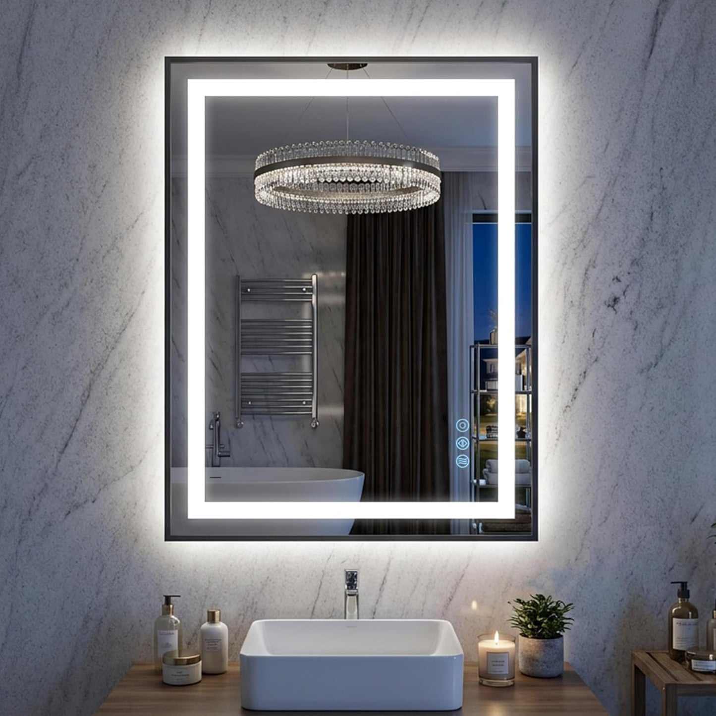 Antok 24X32 LED Bathroom Mirror with Lights, Vanity Mirror for Wall with Black Frame, Touch Control, Anti-Fog, Dimmable Lights, Shatter-Proof, Memory Function, Wall-Mounted Vanity Mirrors
