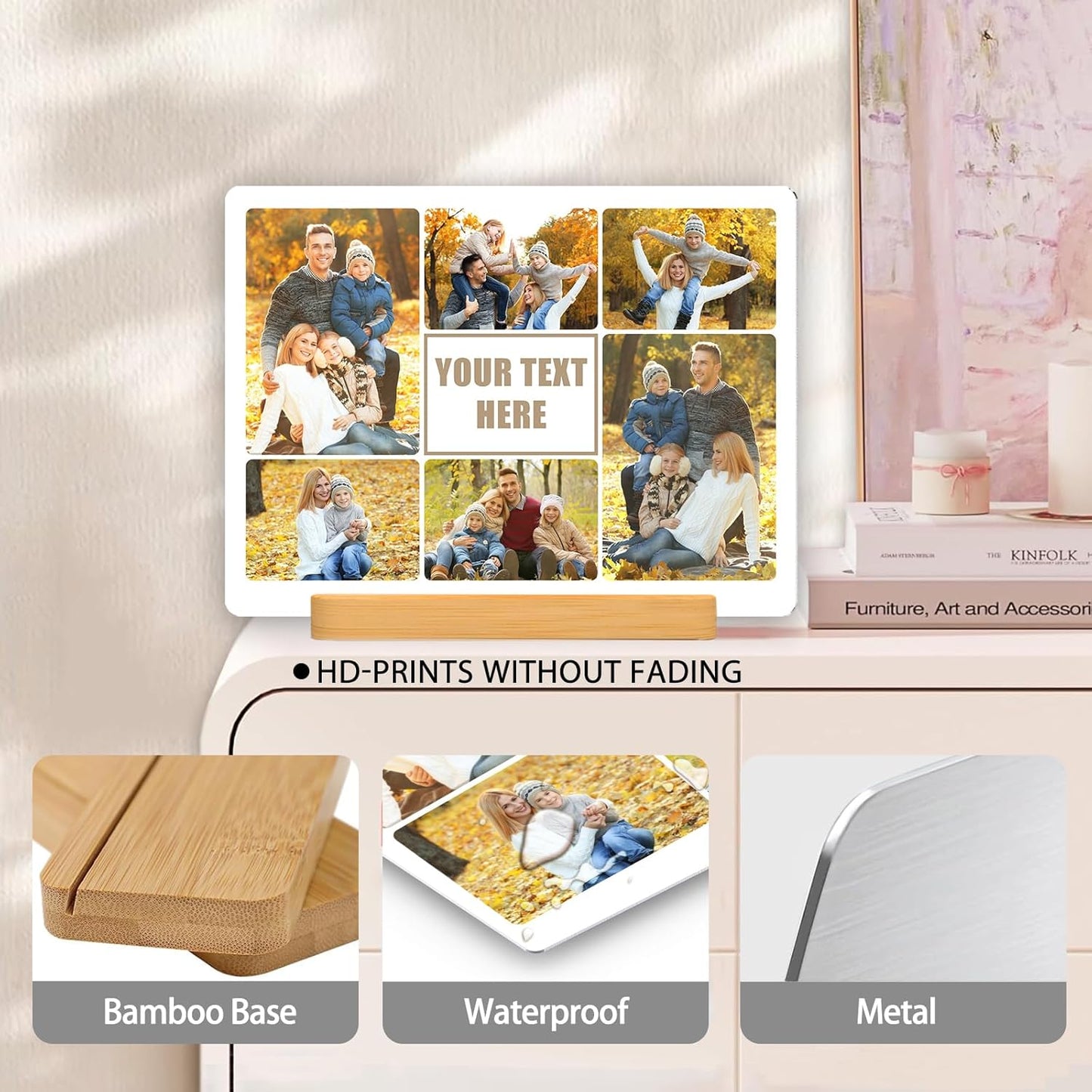 Custom Photo Prints - Metal Desktop Picture Frame with Photos Collage & Text & Wooden Base Personalized Gifts for Family Lovers Pets and Friends, Optional Multiple Sizes