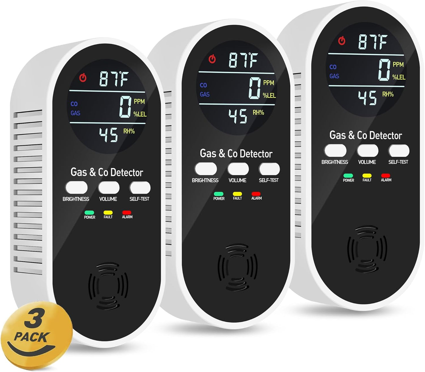 5-in-1 Carbon Monoxide Detectors Plug in with Battery Backup – Natural Gas, Methane & CO Alarm with Dual Sensor, Temperature & Humidity Display for Home, RV, Travel, 3 Packs