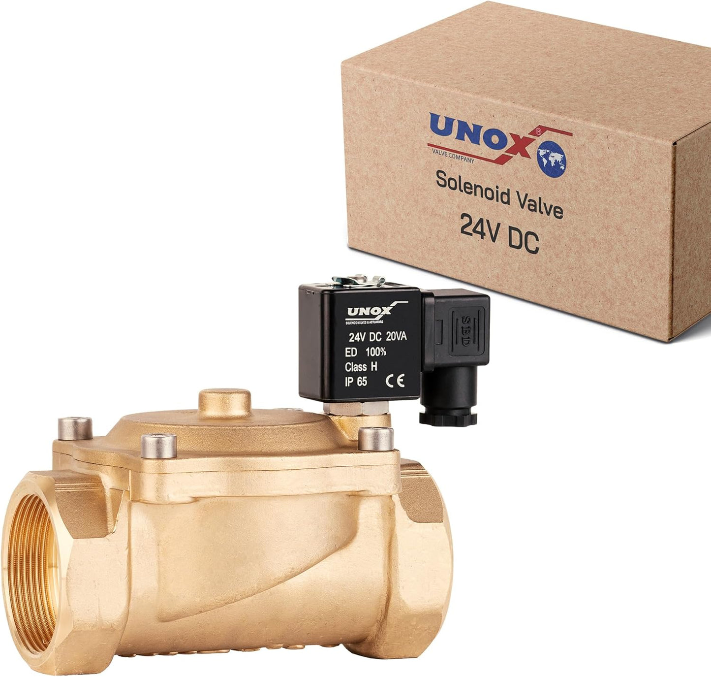 UNOX 2 inch NPT Solenoid Valve 24V DC, Brass Control Valve Normally Closed - 7-232 PSI Multi-Purpose Reliable Control Valve for Water, Air, and Gas - Solenoid Valves
