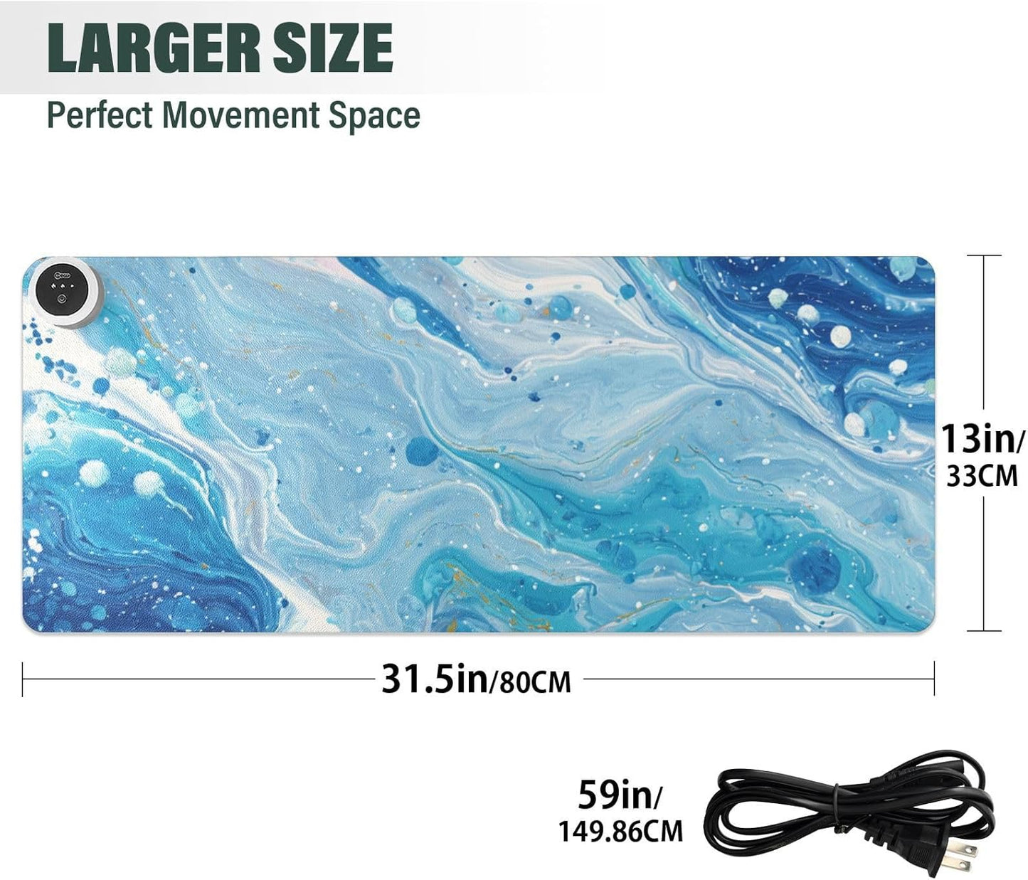 Heated Desk Pad Mouse Pad 31.5x13 Inch PU Leather Desk Mat with 3 Heat Levels Large Mouse Gaming Computer Laptop Mat Blue and White Marble Spots