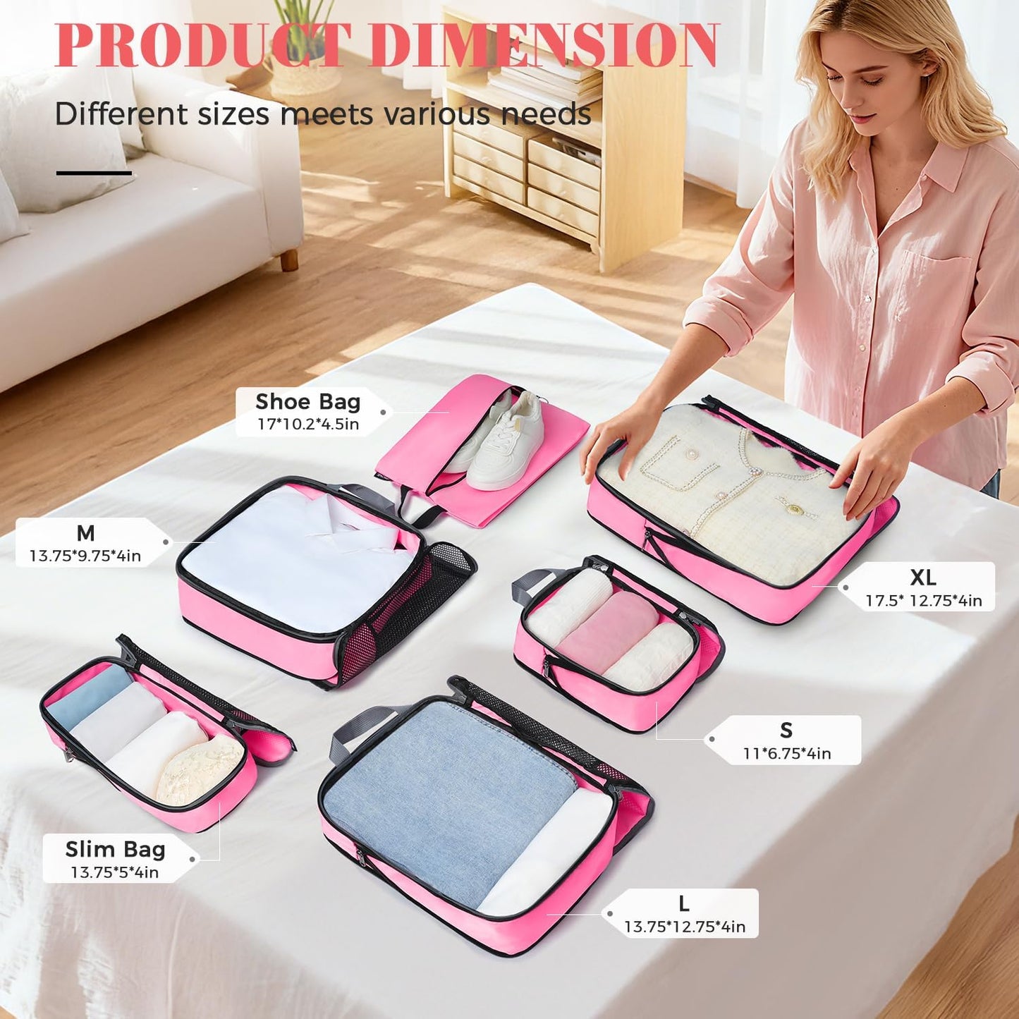 BAGAIL 4 Set/6 Set/8 Set Compression Packing Cubes Travel Accessories Expandable Packing Organizers (Half Mesh, 6-Pink)