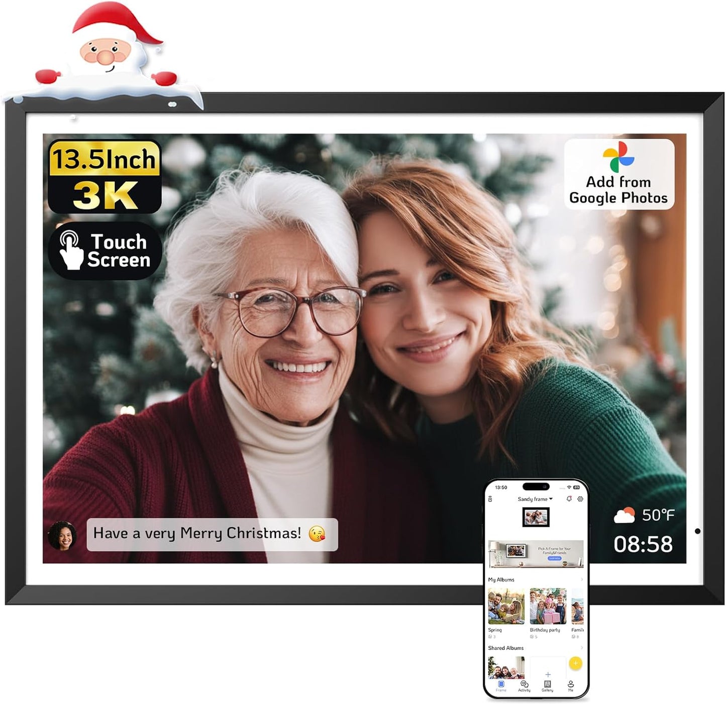 NexFoto 13.5" Digital Picture Frame 64GB, 3K Resolution Touchscreen Electronic Photo Frame, Add Pics from Google Photos, Share Photos/Videos via APP/USB, Unboxing Gift Mode, for Christmas/Mom, Black