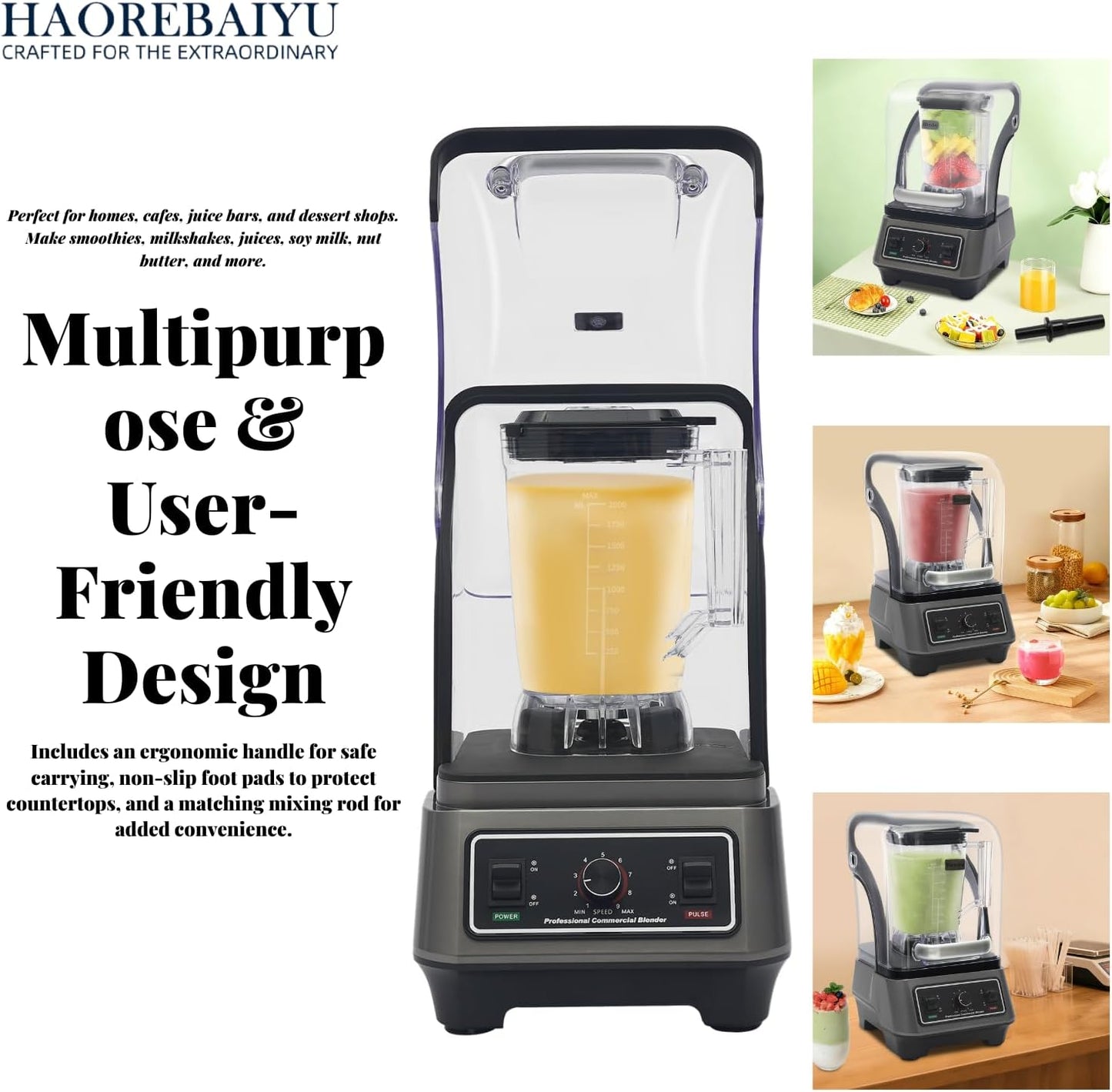 1600W Commercial Blender, 2L Large Capacity Multifunctional Blender with 9-Speed & Pulse, High-Speed Motor for Smoothies, Ice Crushing, Juice, Soup - Professional Heavy Duty & Quiet Design(110V)