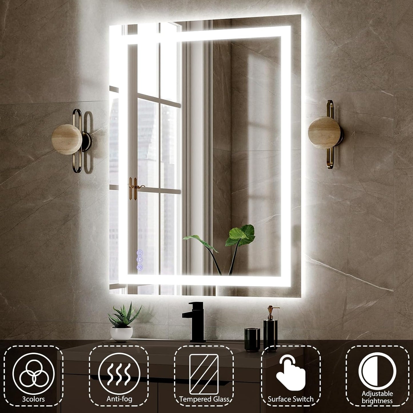 VooBang LED Wall Mounted Mirror with Lights, 24x32 inches Bathroom Mirror, Button to Adjust Lights, Three Lighting Modes, Tempered Glass with Anti-Fog Function, Suitable for Vanity and Bedroom, White