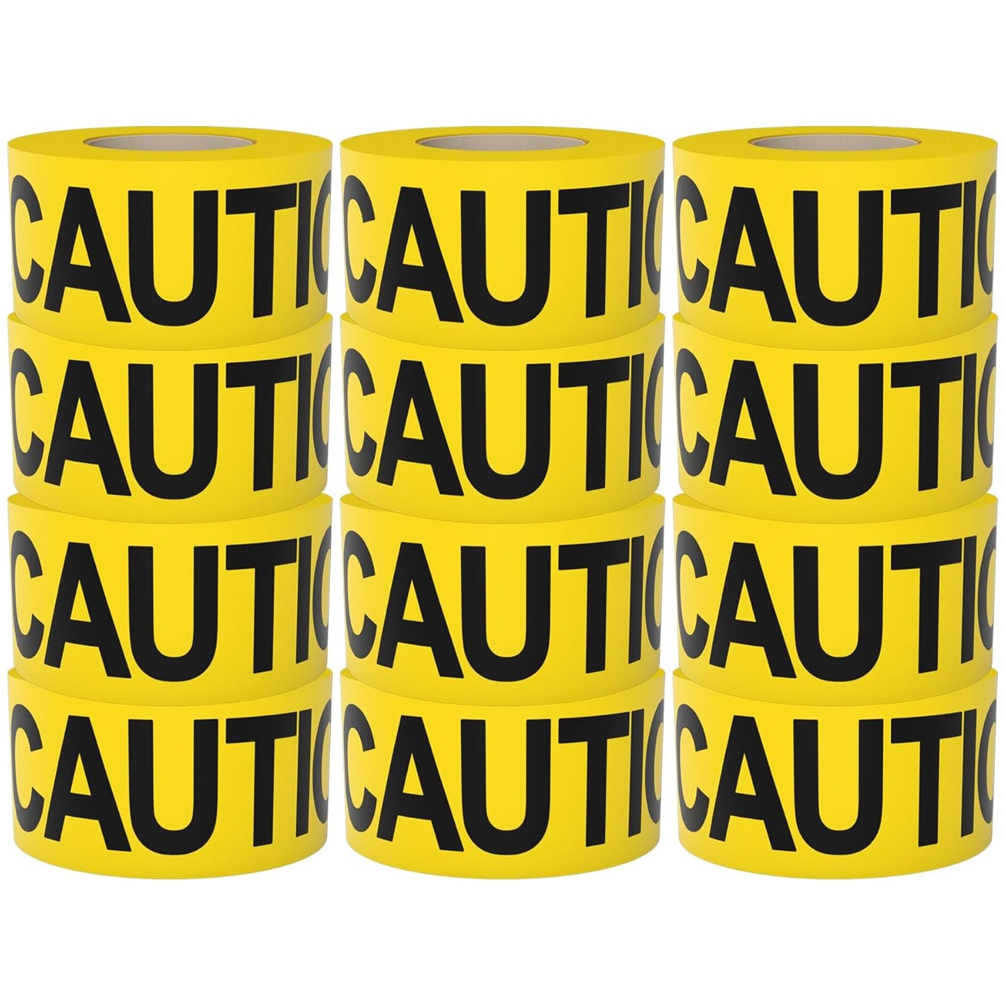 Caution Tape 12 Pack 3 inch x 1000 feet, Bright Yellow w/Bold Black Text, 3" Wide for Maximum Readability Strongest & Thickest Tape for Danger/Hazardous Areas