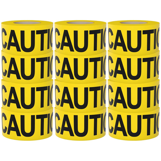 Caution Tape 12 Pack 3 inch x 1000 feet, Bright Yellow w/Bold Black Text, 3" Wide for Maximum Readability Strongest & Thickest Tape for Danger/Hazardous Areas