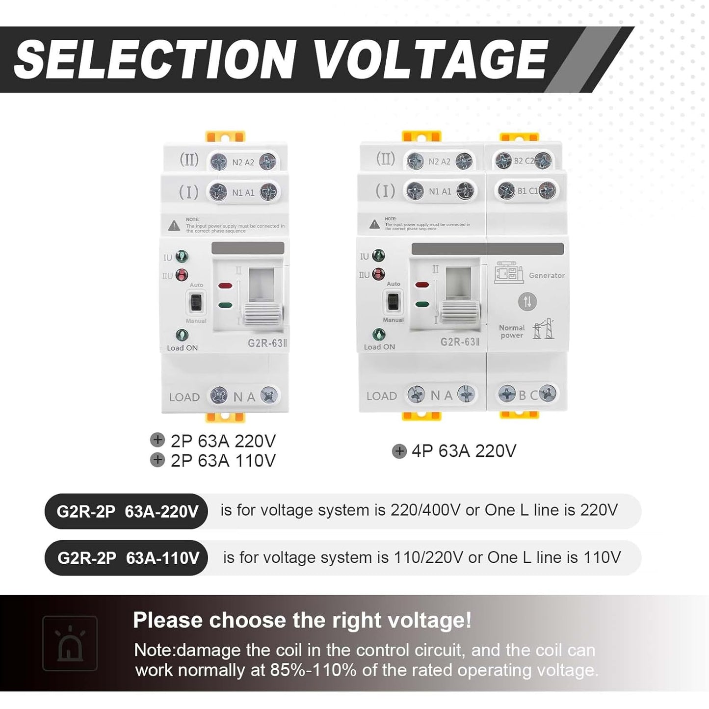 Automatic/Manual Transfer Switch 63Amp 110V, Mini ATS 2Pole AC G2R Solar Auto Dual Power Changeover Switch for Home Generator, Din Rail Mounted 50/60Hz CE Certified for Rv, Lv, Cn Public/Backup Power