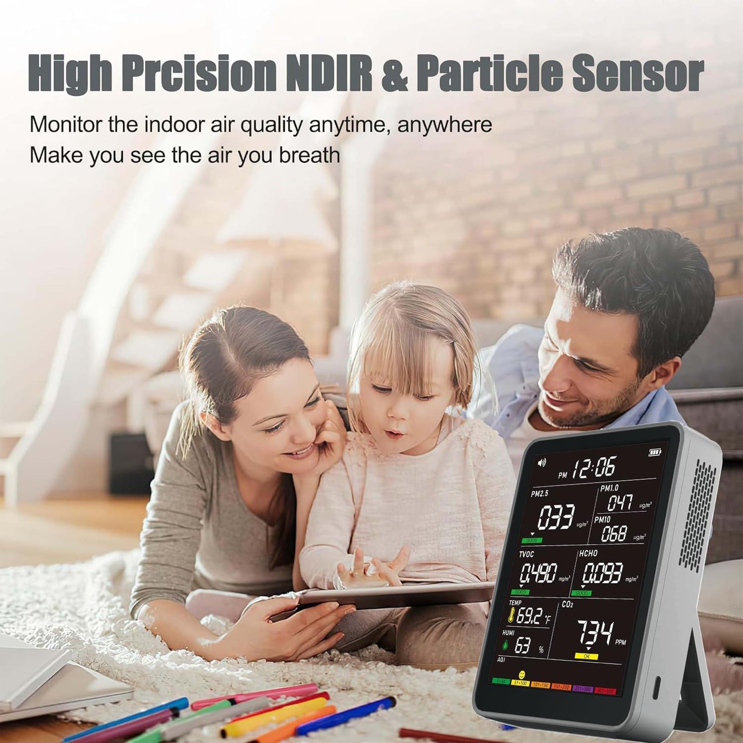 Professional Indoor Air Quality Monitor with AQI Beep Alarms, Portable Real-Time Detector for Home Cars Plants and Pets (Gray)