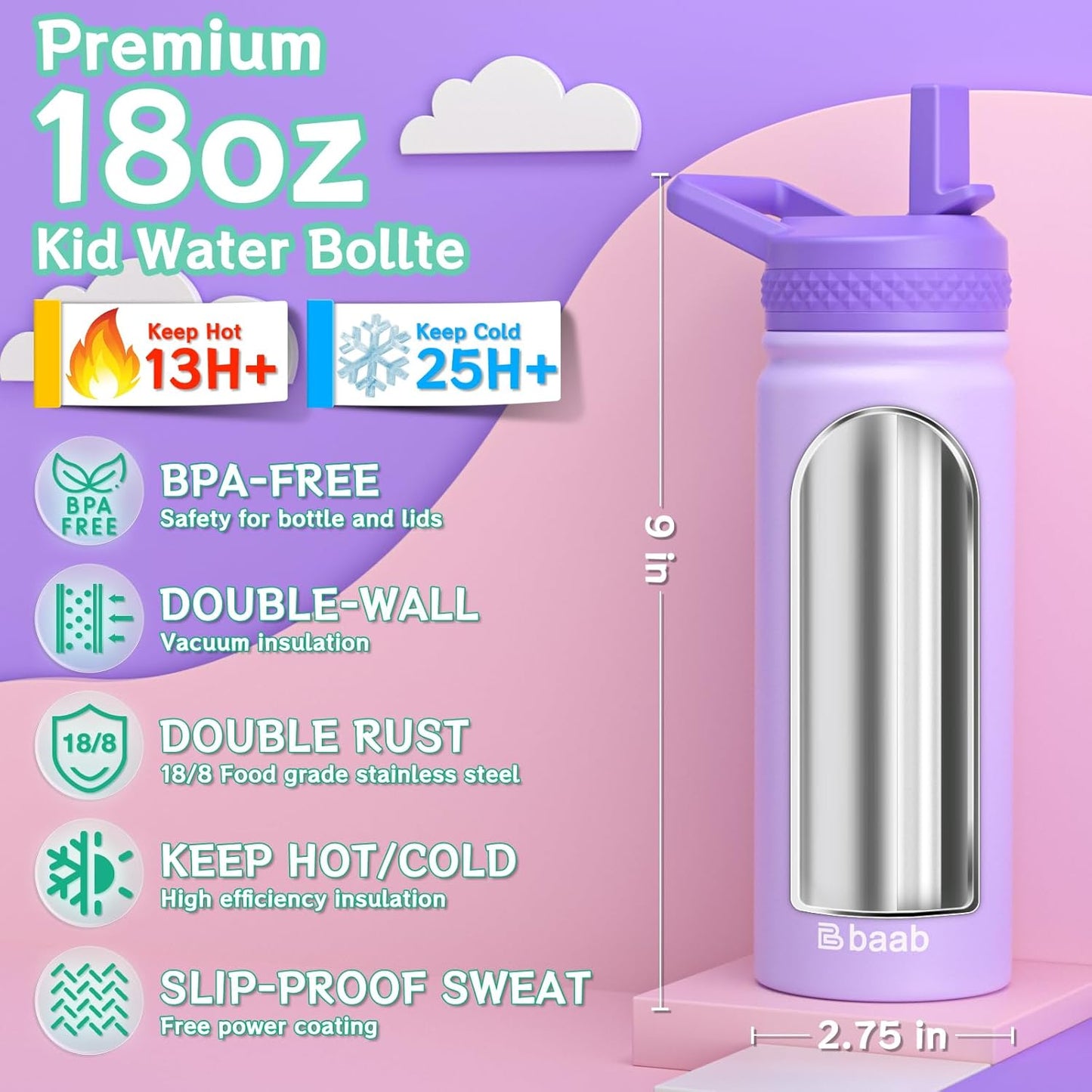 baab 18oz Kids Water Bottle, Insulated Water Bottle with Straw & Stickers, 18/8 Stainless Steel Vacuum Leakproof Kds Water Straw Cup for School, Perfect for Boy Girl (Purple, 1 Pack)