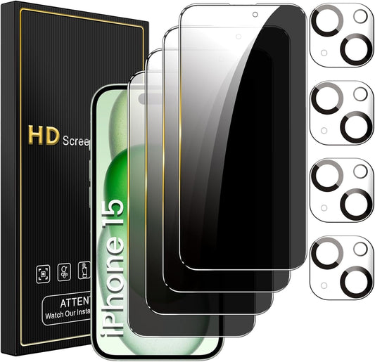 4 Pack Privacy Screen Protector for iPhone 15 6.1 Inch with 4 Pack Camera Lens Protector, Anti Spy Tempered Glass Film, Anti-Scratch, Touch Sensitive, Case Friendly