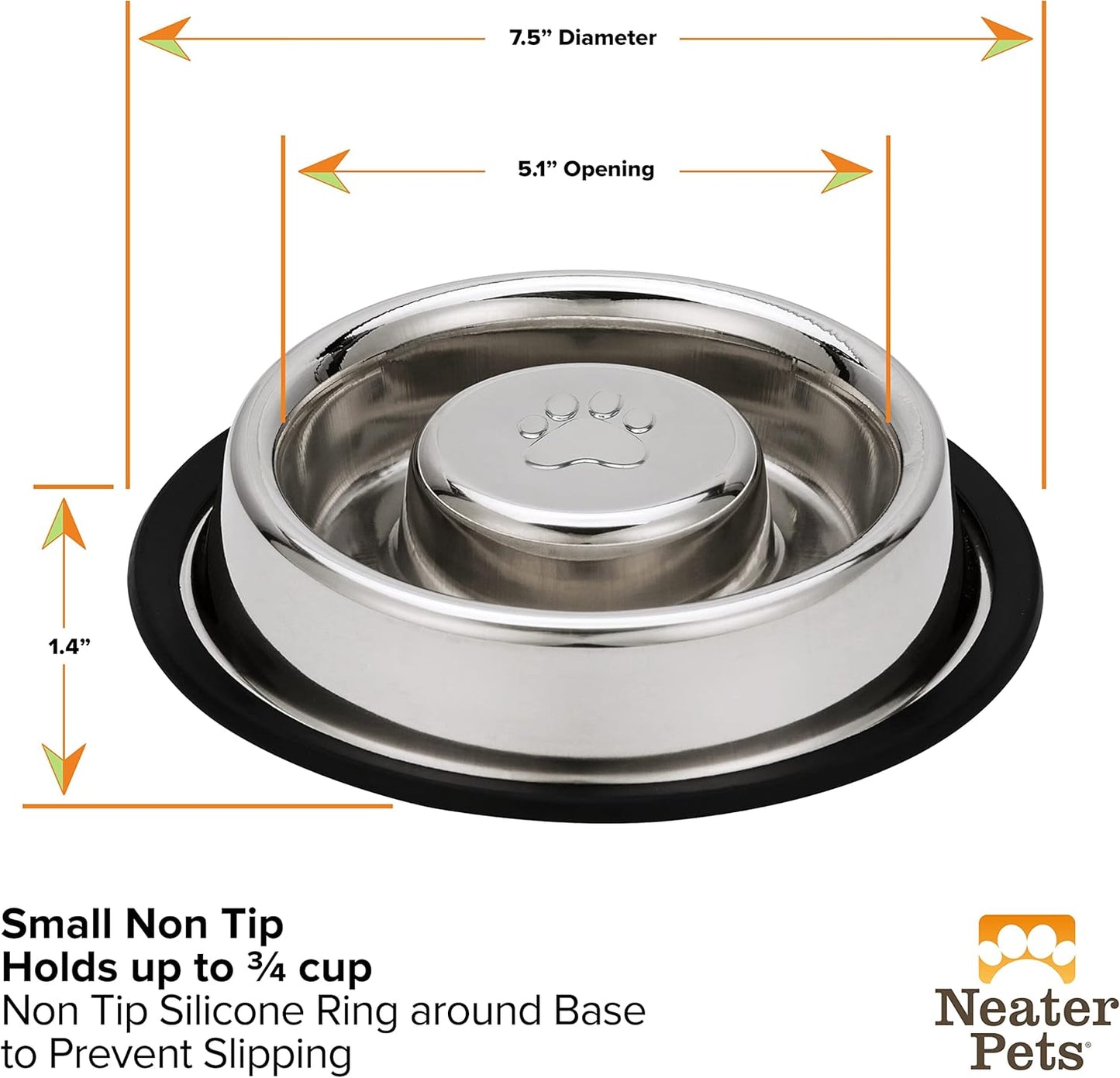 Neater Pet Brands Stainless Steel Slow Feed Bowl - Non-Tip & Non-Skid - Stops Dog Food Gulping, Bloat, Indigestion, and Rapid Eating (.75 Cup)