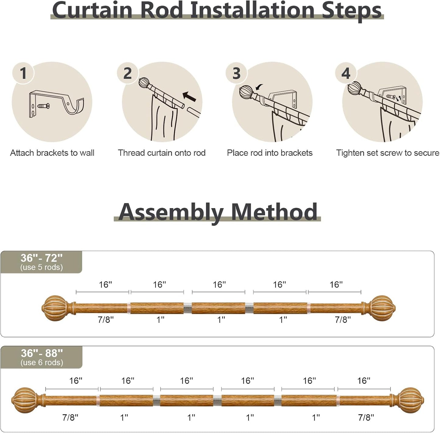 Wood Curtain Rods for Windows 48 to 84 Inch, 1'' Adjustable Heavy Duty Curtain Rod，Vintage Imitation Wood Grain Decorative Drapery Rods with Pumpkin Finials for Bedroom Living Room