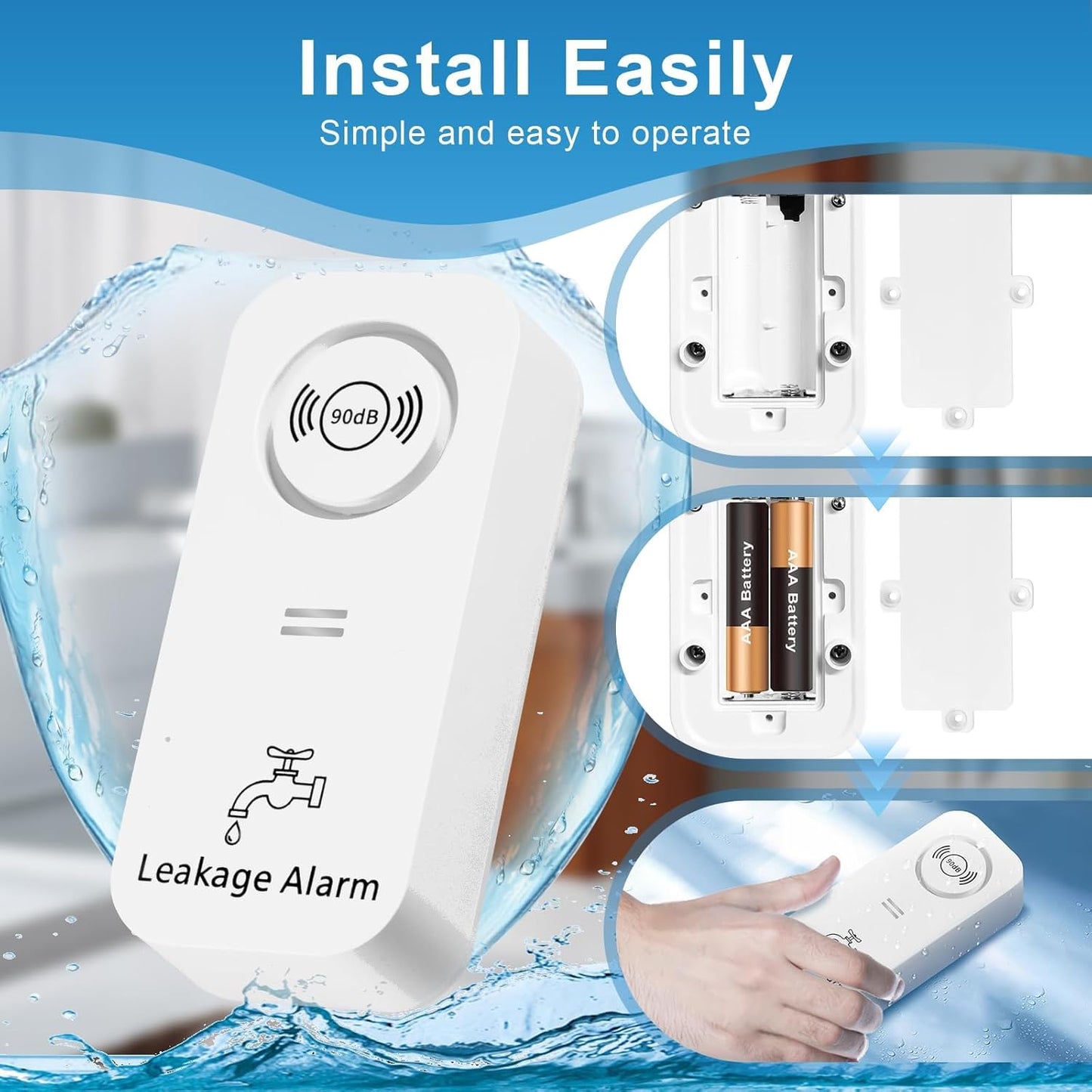 90dB Loud Wireless Water Leak Detector, 7Pack Adjustable Audio Alarm with 3 Sensitive Probes for Kitchen Bathroom Basement, Floor & Pipe Drip Alert, Easy Installation (White)