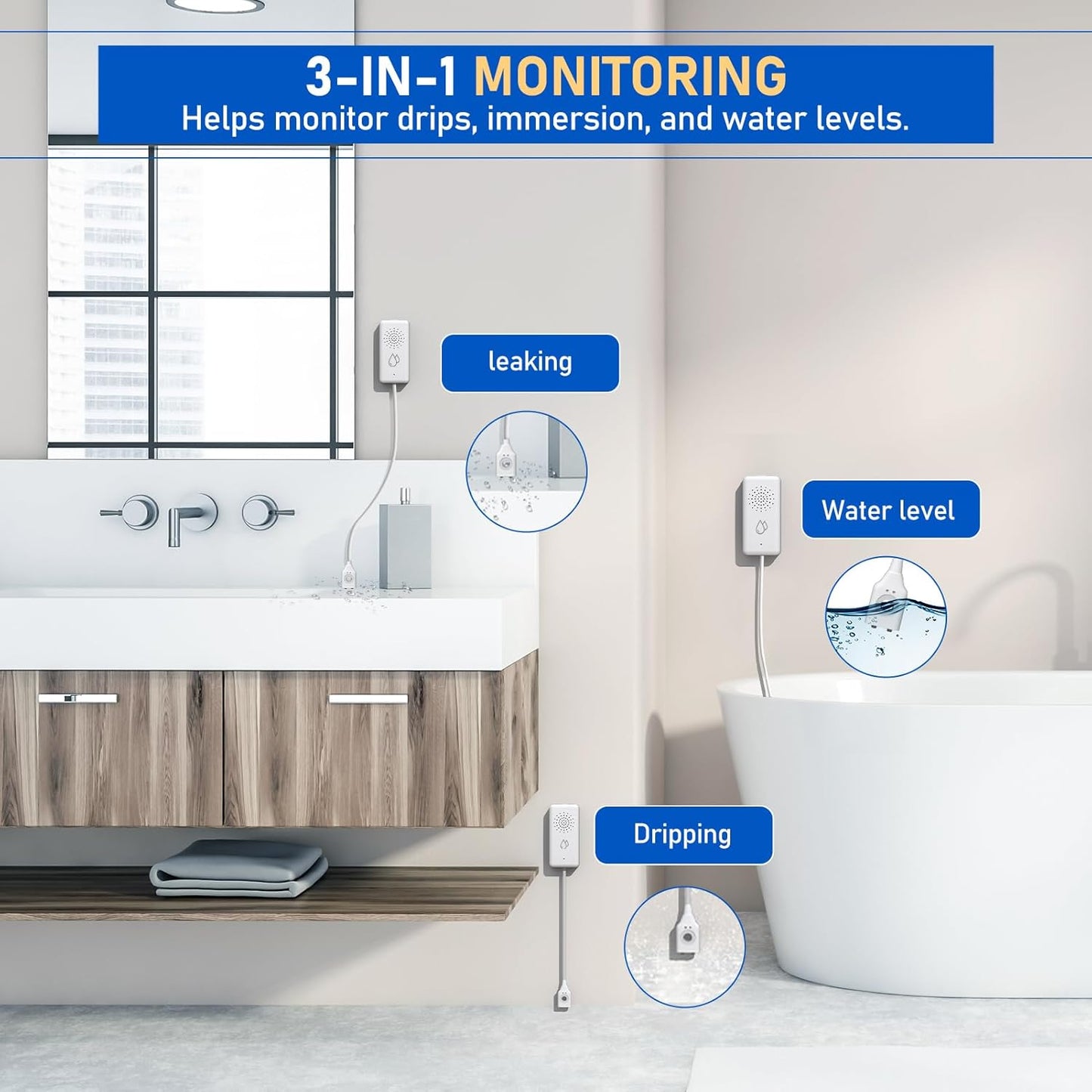 BSEED WiFi Water Leak Detector 5 Pack, Smart Water Sensor with Cable, 85dB Audio/App/SMS/Email Alarm, Rapid Leak Detection for Home, Kitchen, Bathroom, Basement, IP65 Waterproof, No Hub Required
