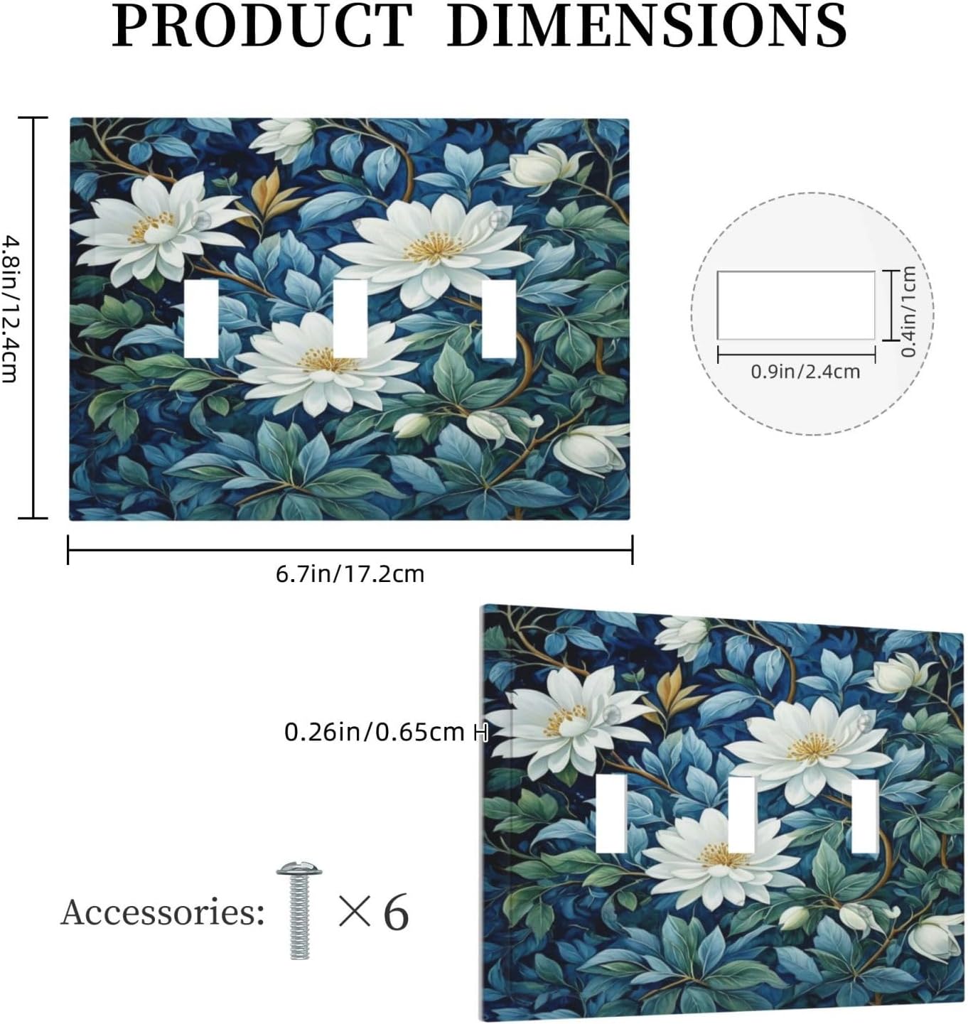 White Flowers Green Leaves Light Switch Covers 3 Gang Triple Toggle Wall Plate Decorative Switchplate Electrical Faceplate for Farmhouse Living Decor