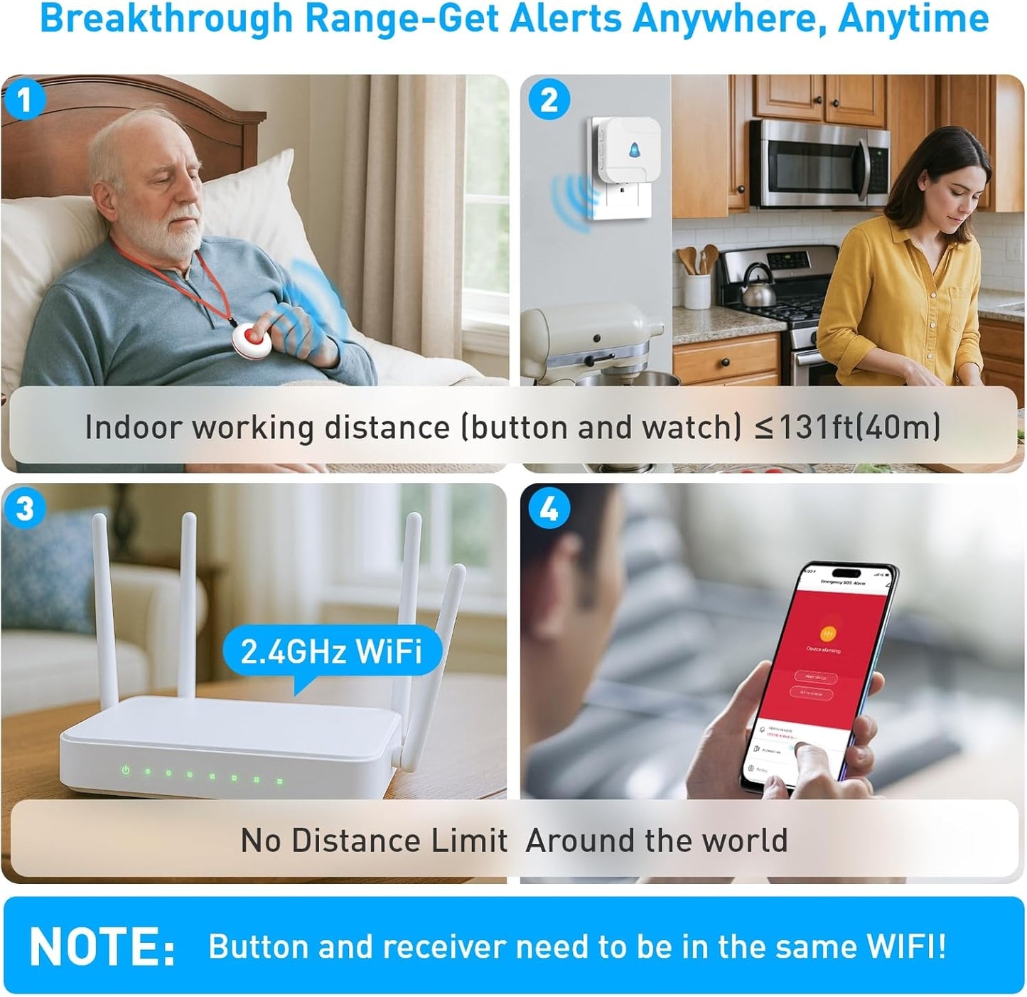 Wireless Caregiver Pager System with Call Button for Elderly at Home - Emergency Alert Button That Calls Cell Phone, 2 SOS Buttons + 1 Receiver for Seniors/Disabled (2.4GHz WiFi, No Monthly Fee)