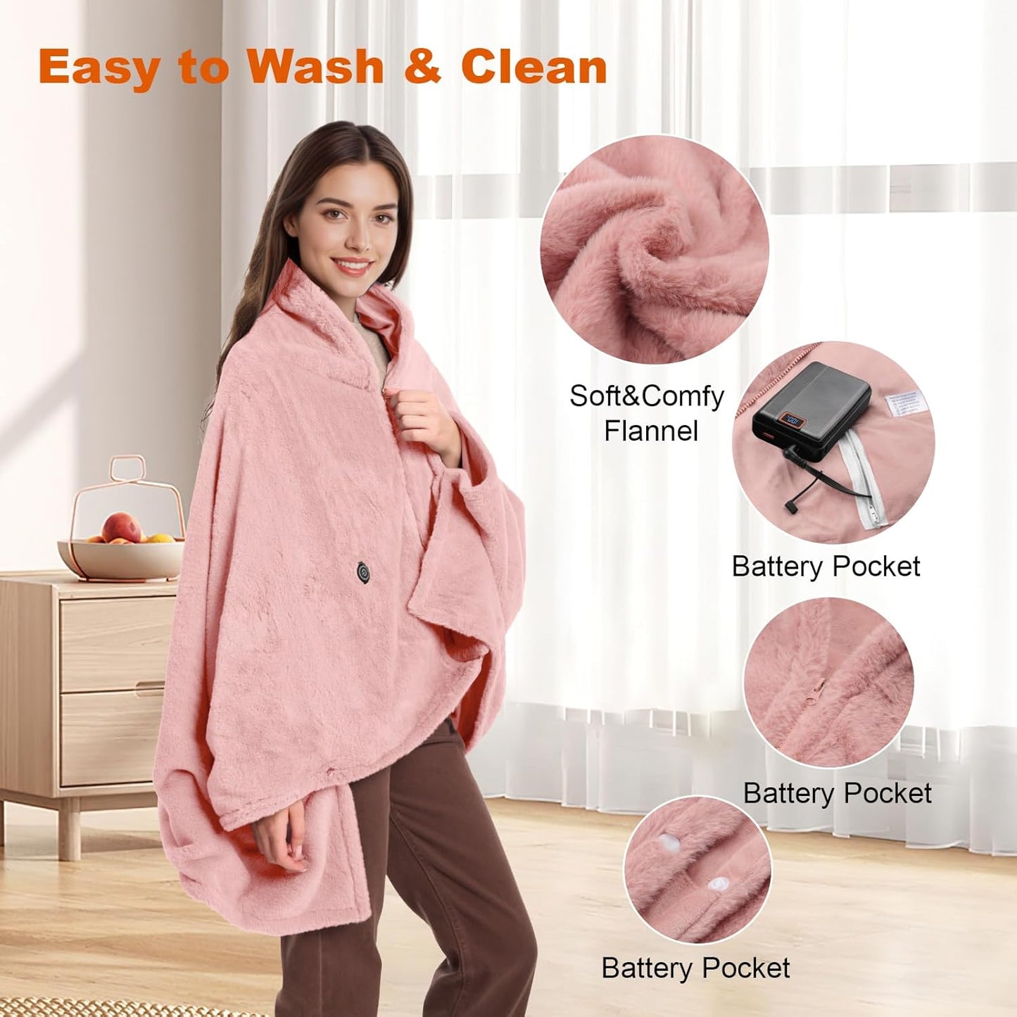 Graphene Heated Blanket Battery Operated, 20000mAh Battery 7.4V Fast Heating Blanket Portable Heated Shawl, Cordless Rechargeable Heated Shawl 3 Temperature Settings, Gift for Women (Pink)