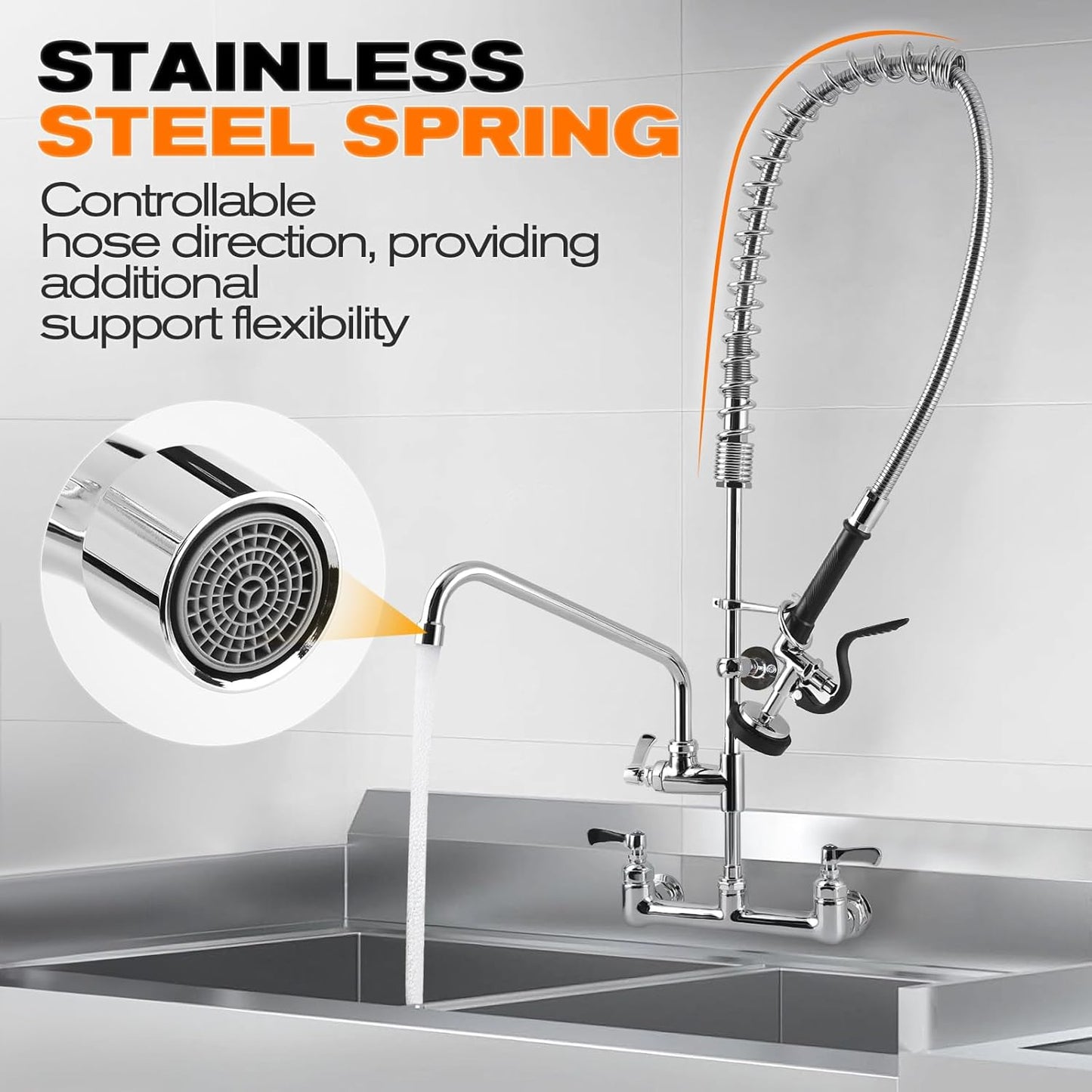 43" Height Commercial Faucet with Sprayer, 8" Adjustable Center & 12" Add-on Swing Spout, Wall Mount Pre Rinse Commercial Sink Faucet for Commercial Restaurant Industrial Kitchen