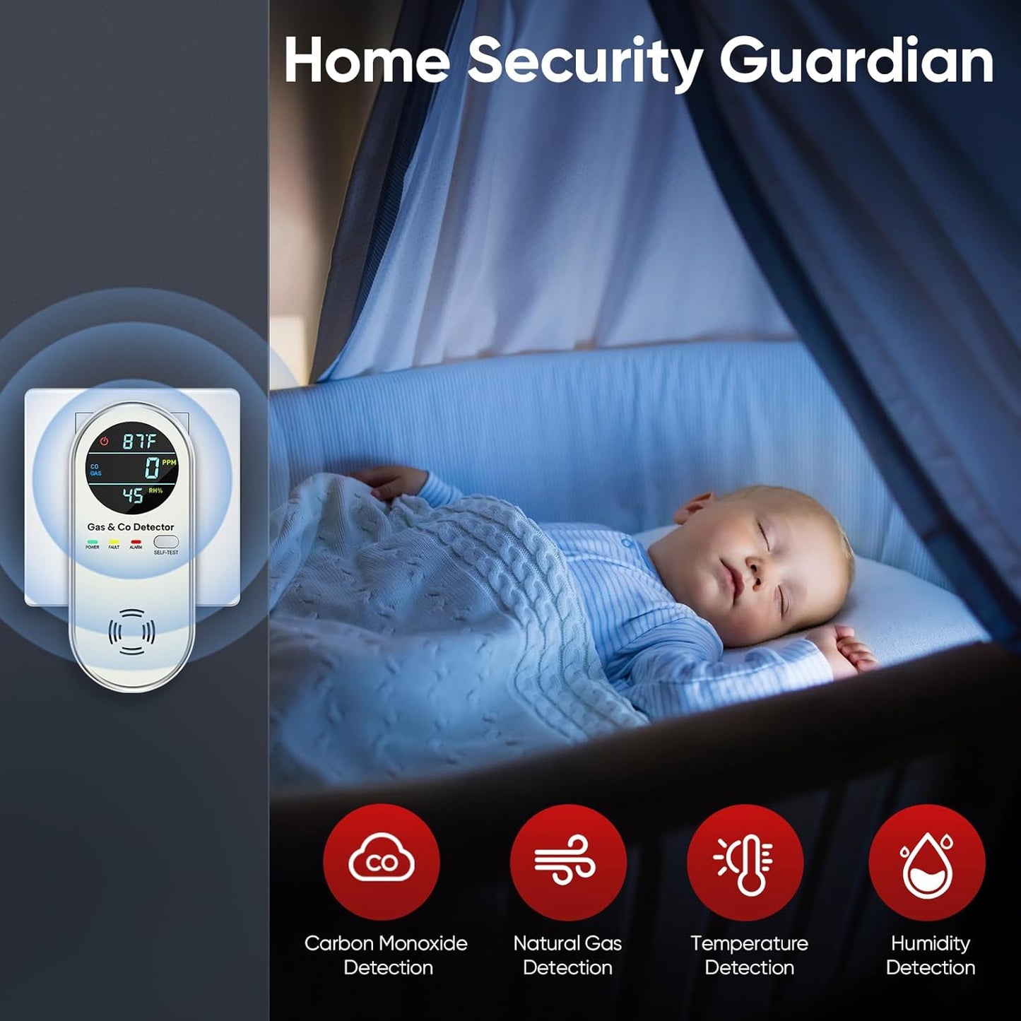 4-in-1 Combination Carbon Monoxide Detectors & Natural Gas Leak Detector - Carbon Monoxide Detectors Plug in - Dual Sensor Gas & Co Detector - Temperature & Humidity Detectors for Home & RV (3 Packs)