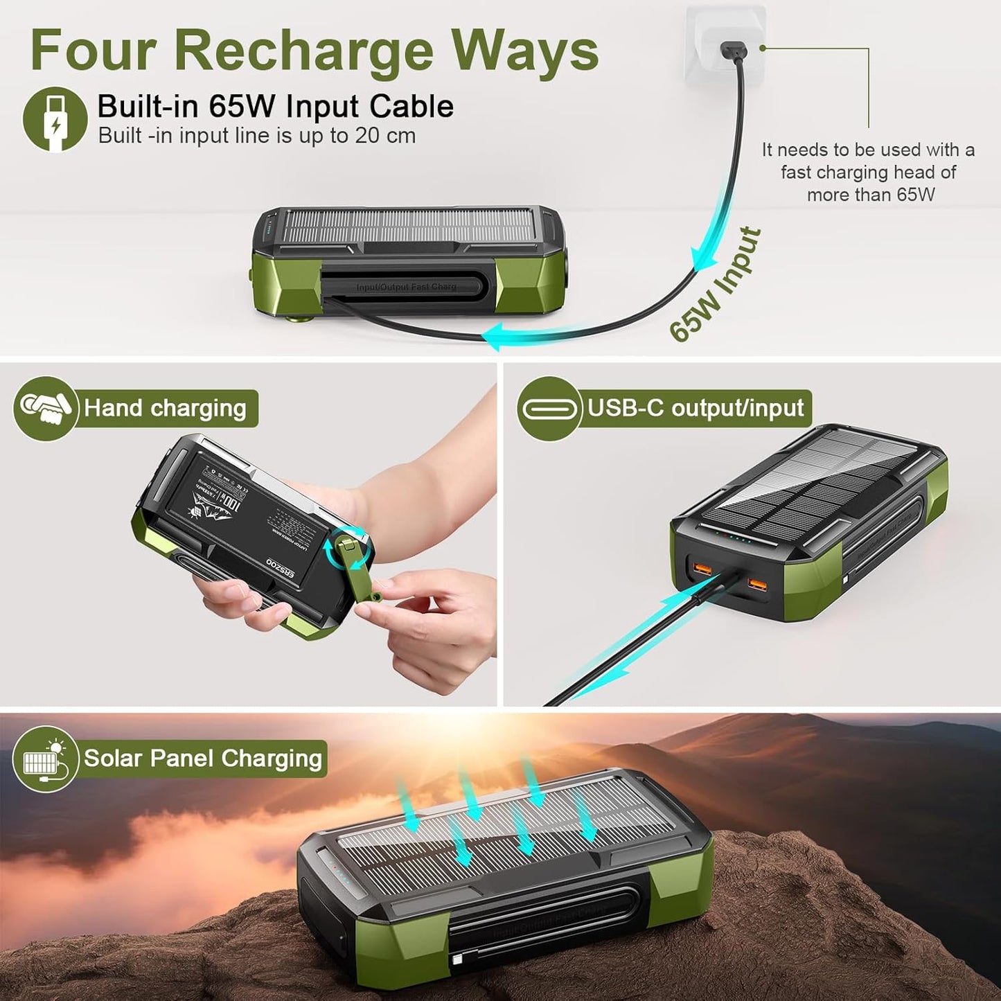 Solar Charger Power Bank 73200mAh, Portable Laptop Charger with 100W USB-C in/Output, Built-in Cables, Hand Crank Power Bank for Mobile Phones, Ideal for Outdoor Use with SOS/Strobe/Strong (green)