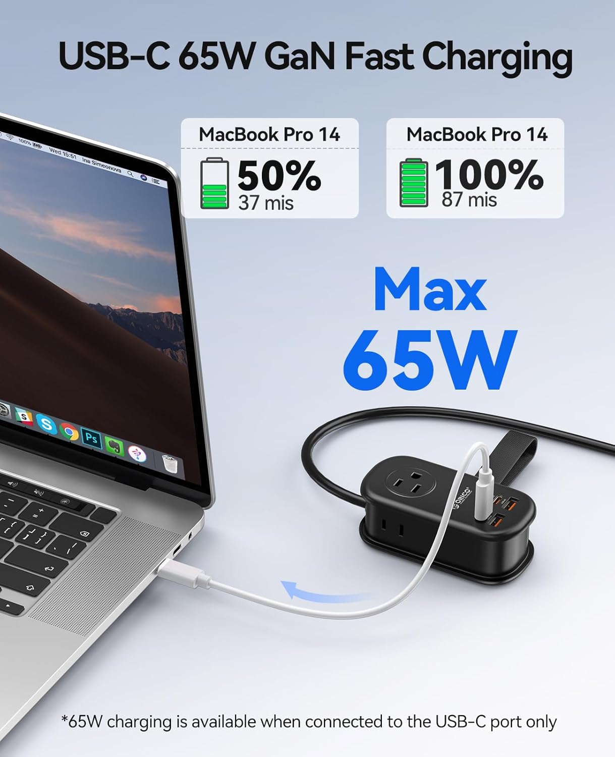 ORICO 65W GaN Travel Power Strip with 7-in-1 Charging Ports (3 AC Outlets/2 USB-A/2 USB-C), Flat Plug and 4FT Extension Cord, Fast Charger for MacBook Pro/Air, iPad Pro, iPhone 17/16/15 -AP3