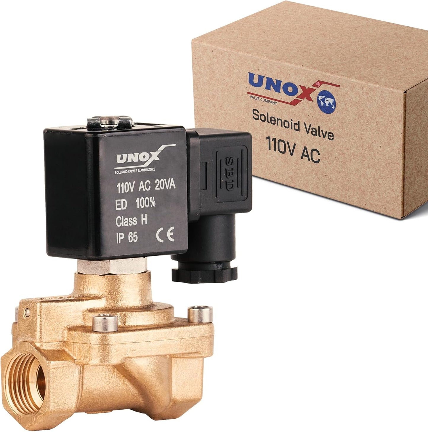 UNOX 3/8" NPT Solenoid Valve 110V AC, Brass Control Valve Normally Closed - 7-232 PSI Multi-Purpose Reliable Control Valve for Water and Air - Solenoid Valves