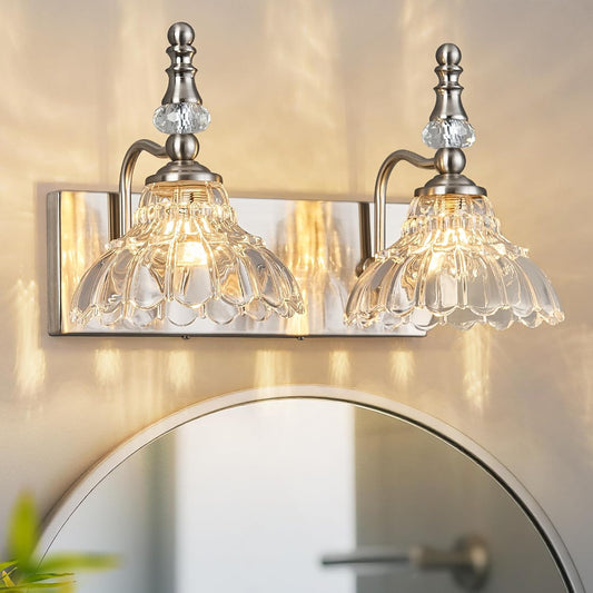 Vintage Bathroom Vanity Light, 2-Light Brushed Nickel Vanity Lighting Fixture with Flower Glass Shade, Bathroom Lighting Fixtures Over Mirror