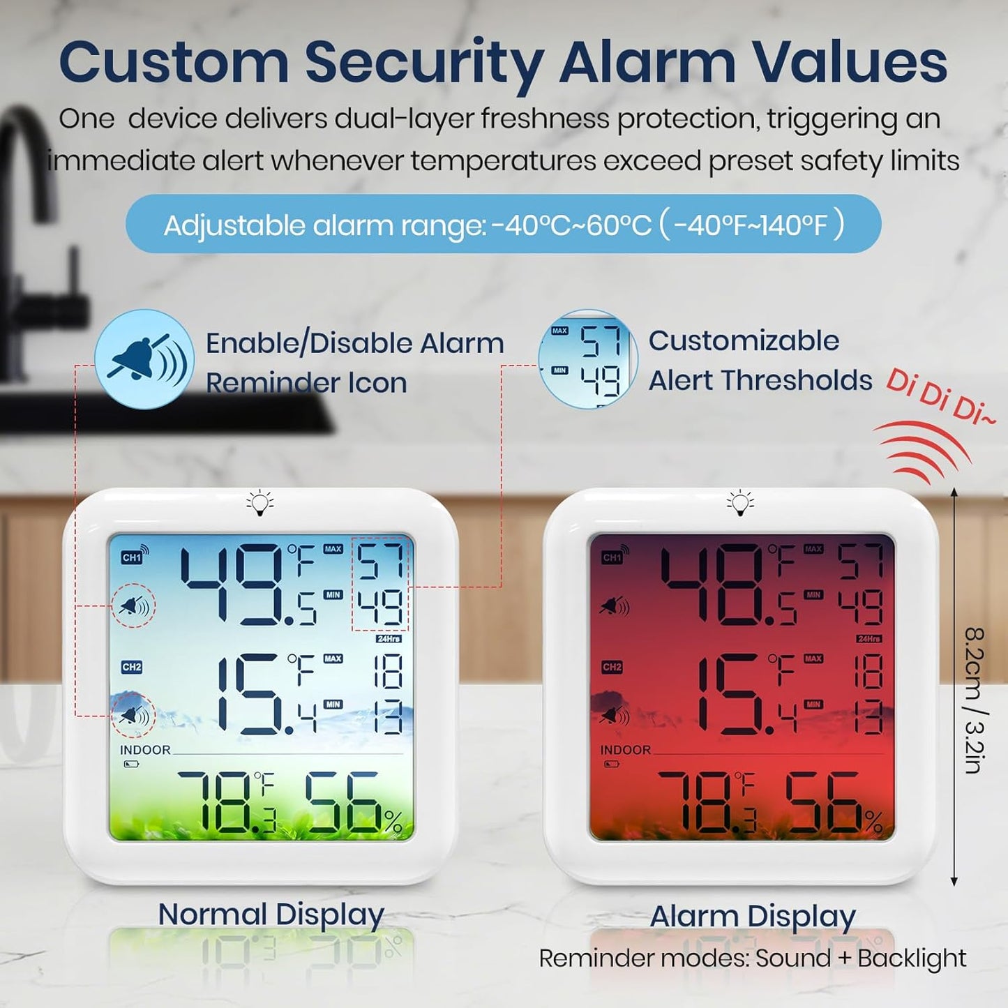 Refrigerator Thermometer with Freezer Alarm, Wireless Freezer Thermometer, Max/Min Temperature Records Fridge Monitor, 330ft Temperature Humidity Monitor with 2 Sensors, for Kitchen Home Restaurant