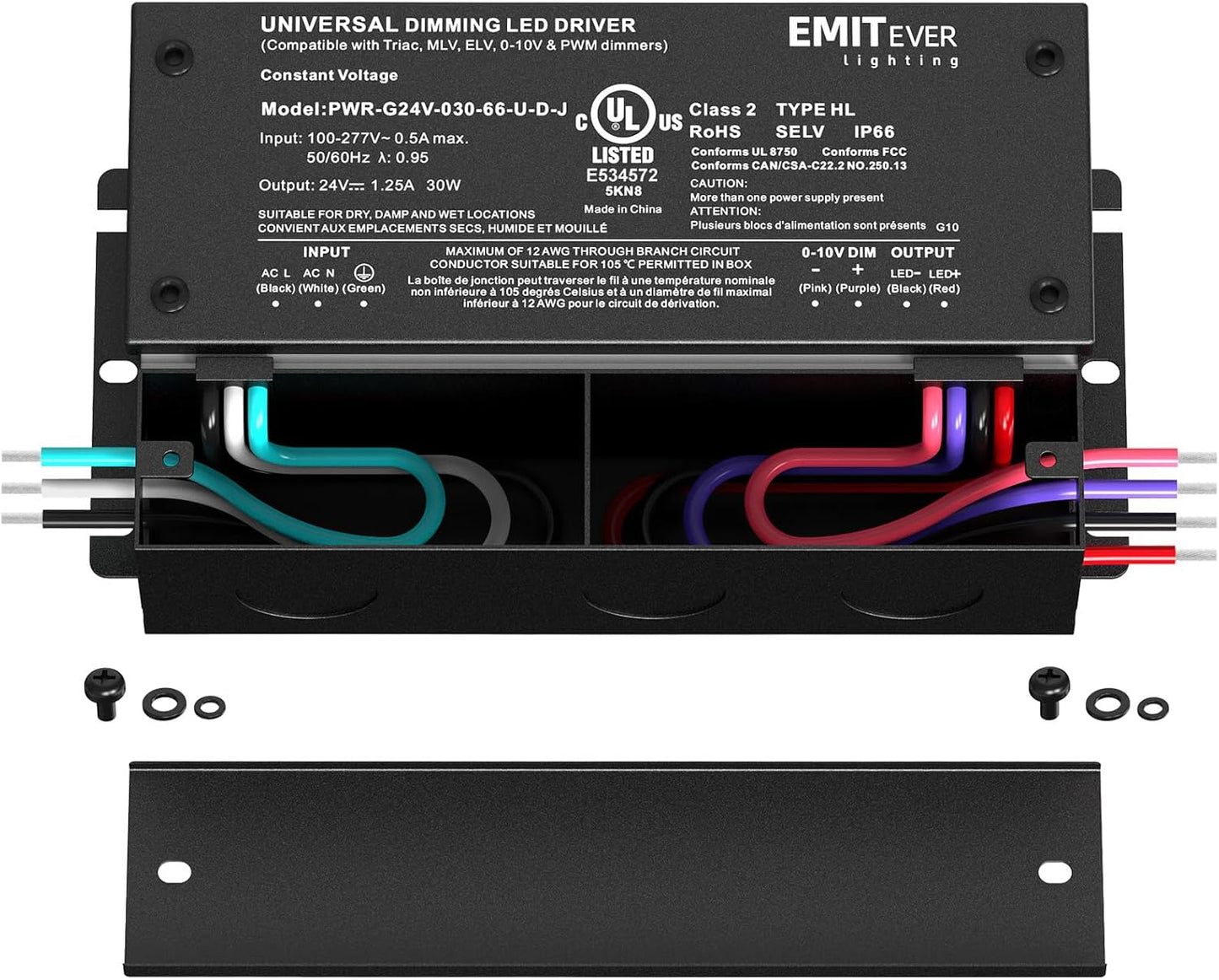 EMITEVER Dimmable Led Driver, 2 Packs 30W AC 110V-277V to DC 24V Transformer, 5-in-1 Dimming: ELV/MLV/TRIAC / 0-10V / 1-10V / 10V PWM/Potentiometer, Waterproof IP67 and UL Listed